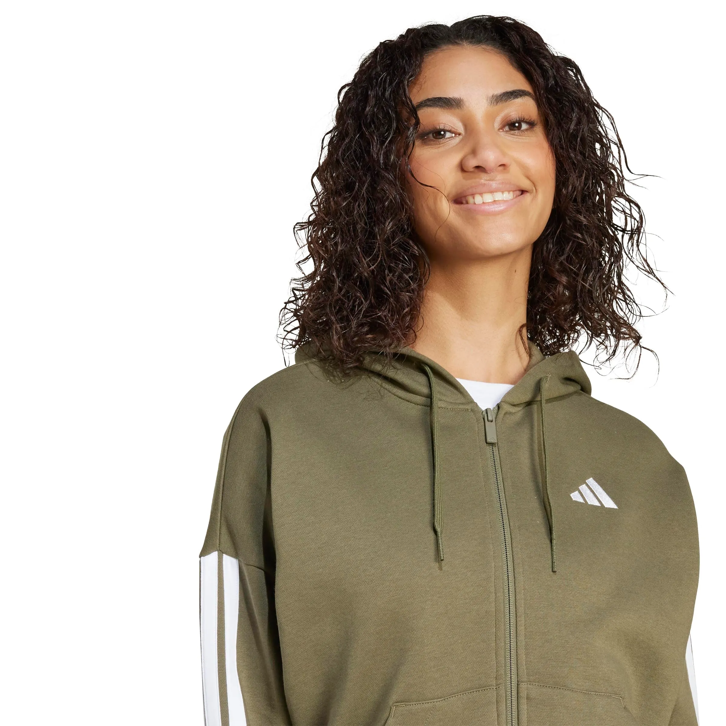 Adidas Women's Essentials 3-Stripes Full-Zip Fleece Hoodie Olive Strata/White S S - immagine 3