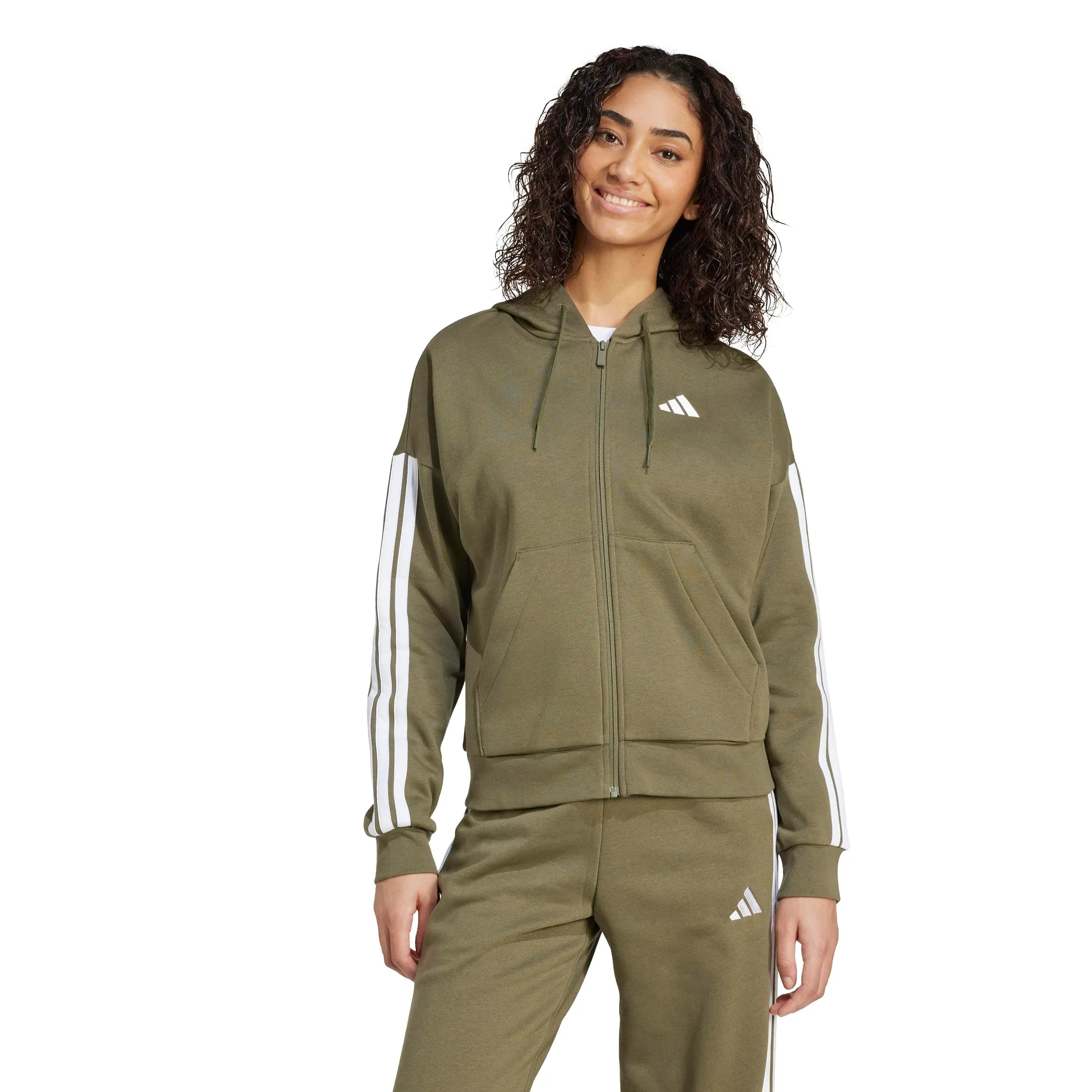 Adidas Women's Essentials 3-Stripes Full-Zip Fleece Hoodie Olive Strata/White S S - immagine 4
