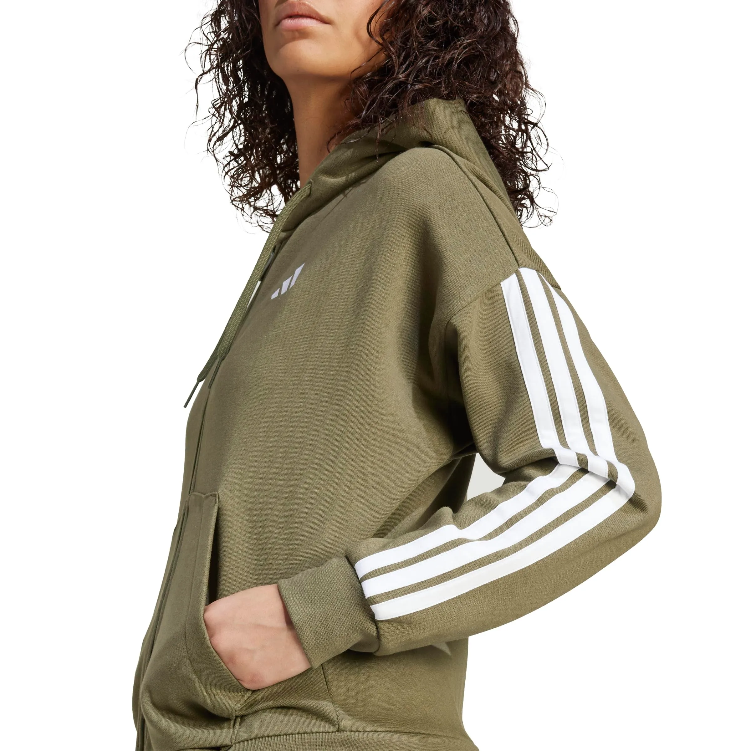Adidas Women's Essentials 3-Stripes Full-Zip Fleece Hoodie Olive Strata/White S S - immagine 5