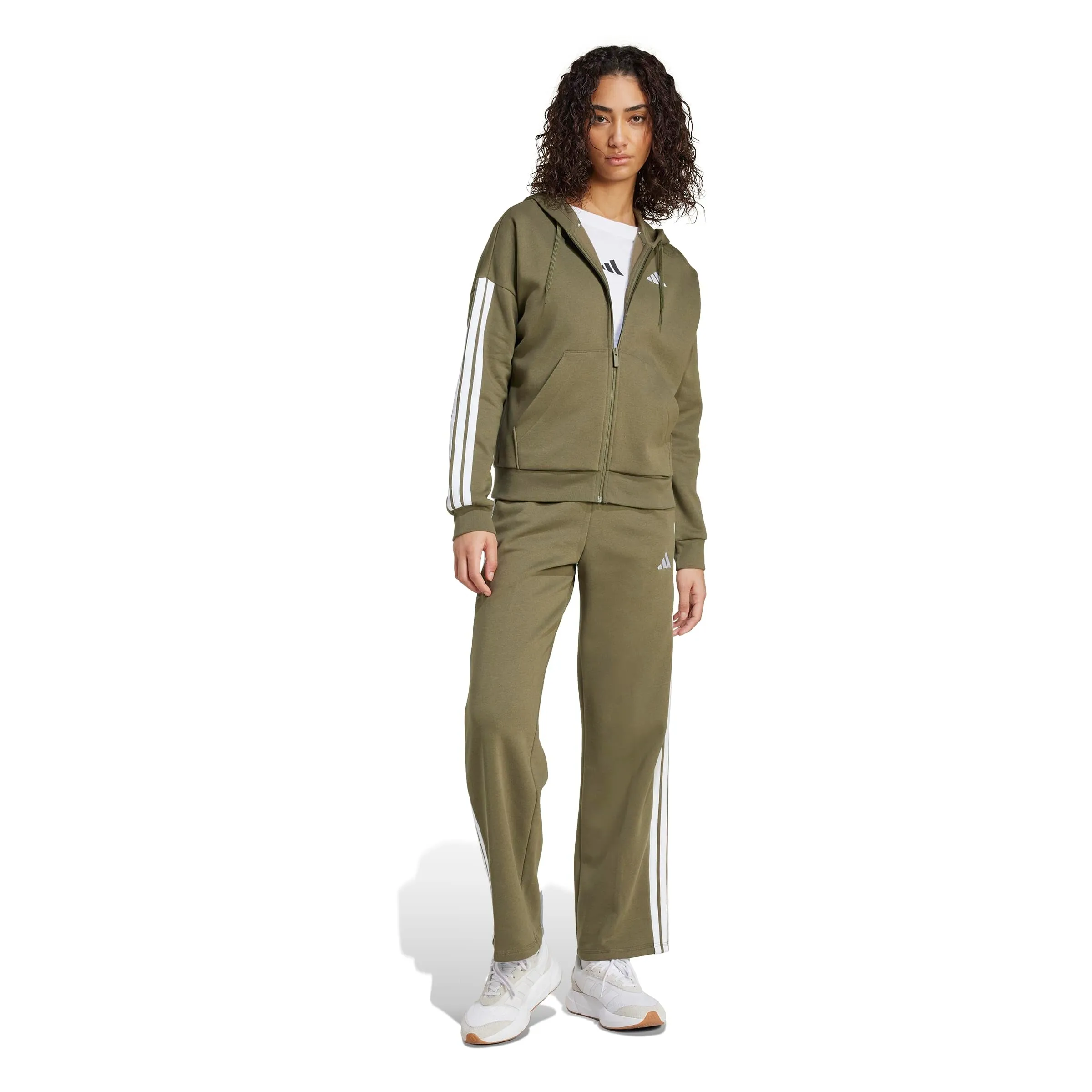 Adidas Women's Essentials 3-Stripes Full-Zip Fleece Hoodie Olive Strata/White S S - immagine 6