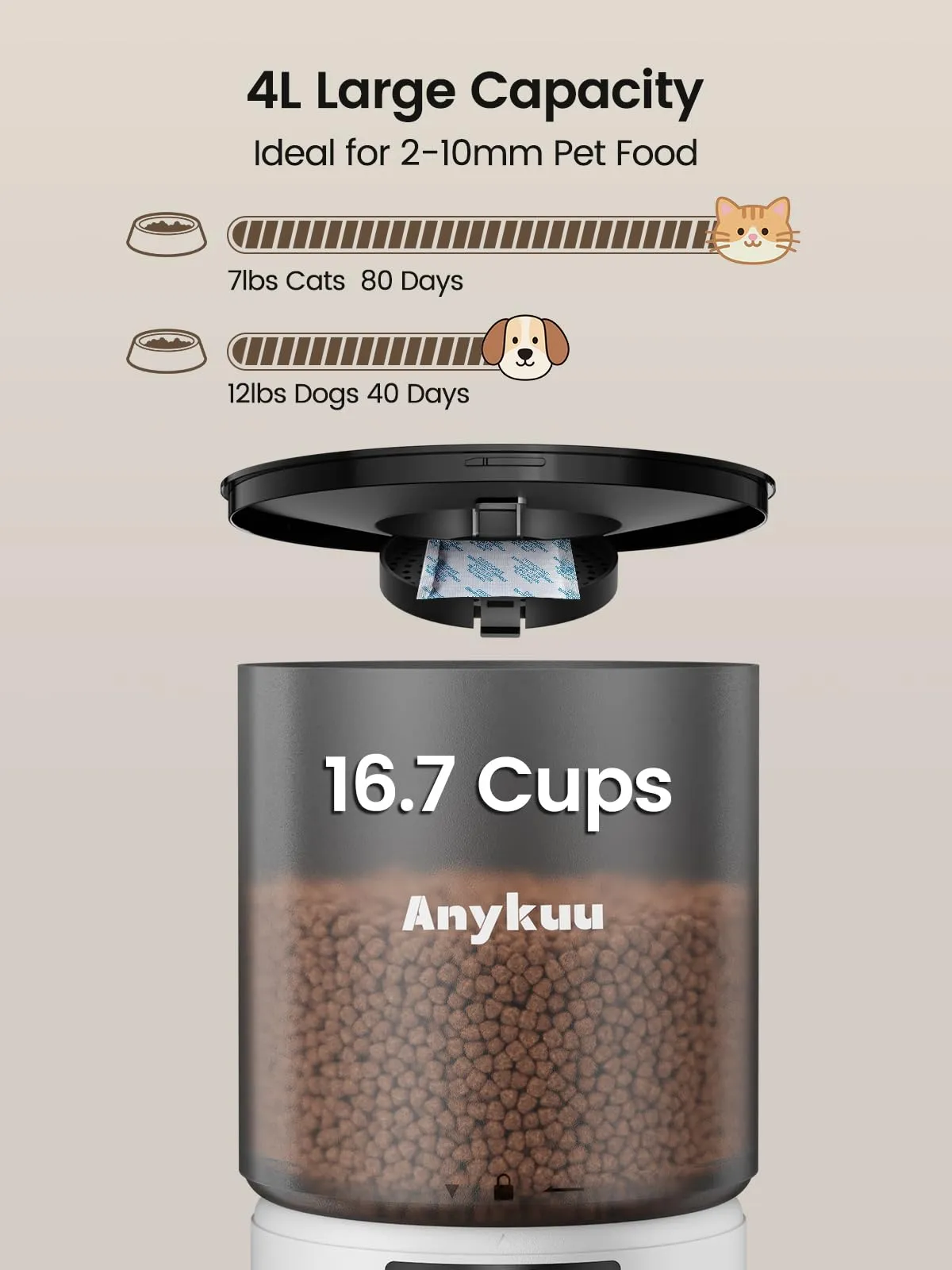 Distributore Automatico Cibo Gatti 4L Dispenser Crocchette Gatto Con Timer Programmabile e 10S Registrazione Distributore Cibo Gatti 1-6 Pasti al Giorno per Animali di Piccola e Media Taglia - immagine 3