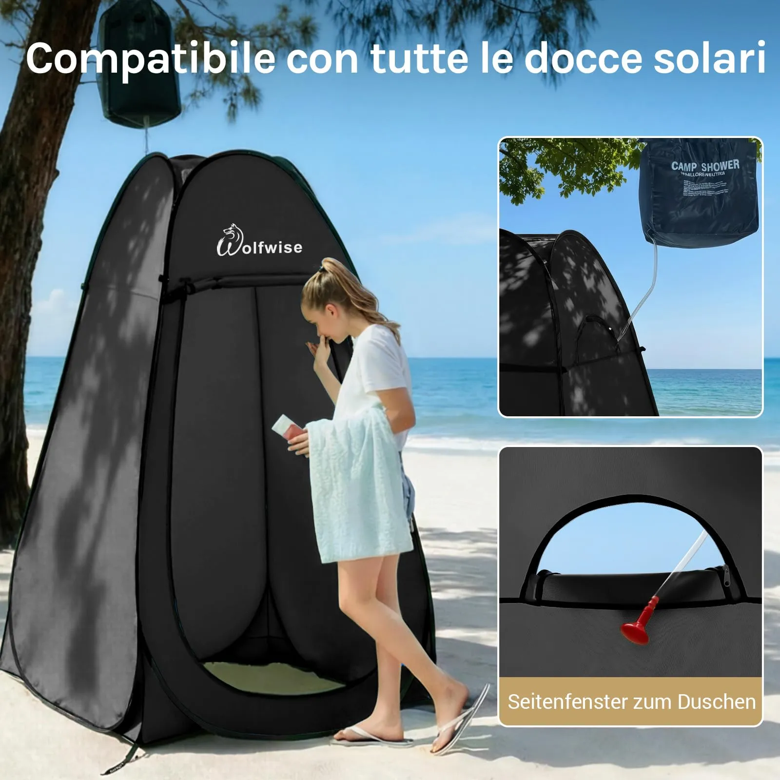 Wolfwise Tenda ad Apertura Istantanea Pop-Up, per Campeggio Spiaggia Bagno Spogliatoio Doccia Riparo Privato, WC, Toilet, Larghezza 47" (120 cm), Altezza 83" (210 cm), Nero - immagine 5