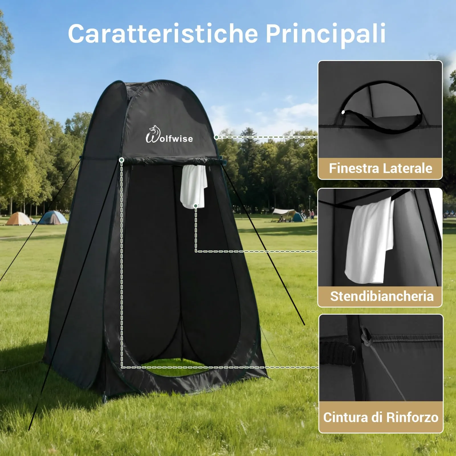 Wolfwise Tenda ad Apertura Istantanea Pop-Up, per Campeggio Spiaggia Bagno Spogliatoio Doccia Riparo Privato, WC, Toilet, Larghezza 47" (120 cm), Altezza 83" (210 cm), Nero - immagine 8