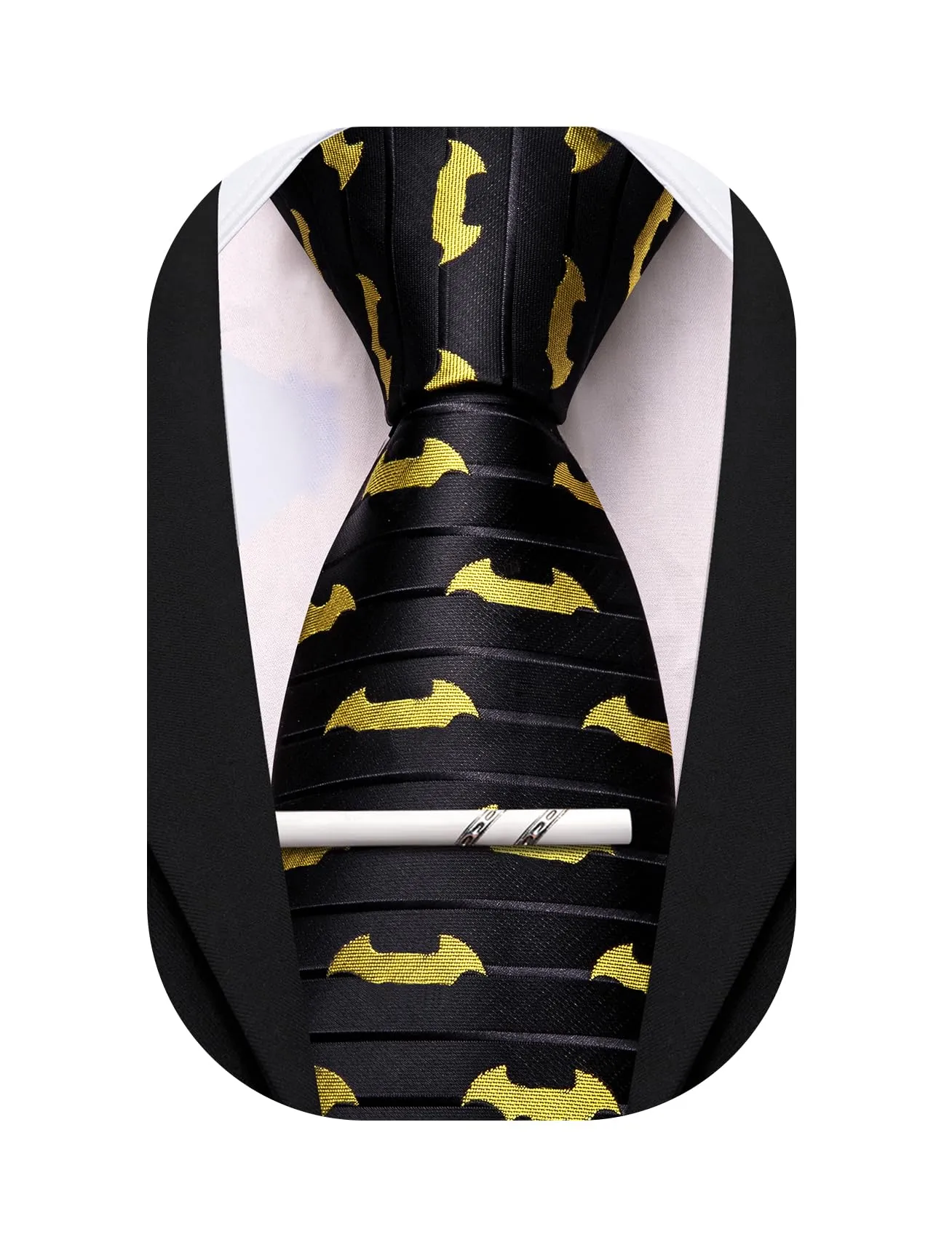 Barry.Wang Cravatta in seta da uomo, set divertente e fermacravatta per matrimonio, festa, lavoro, formale, extra lungo, pipistrello, nero/giallo, Taglia unica - immagine 1