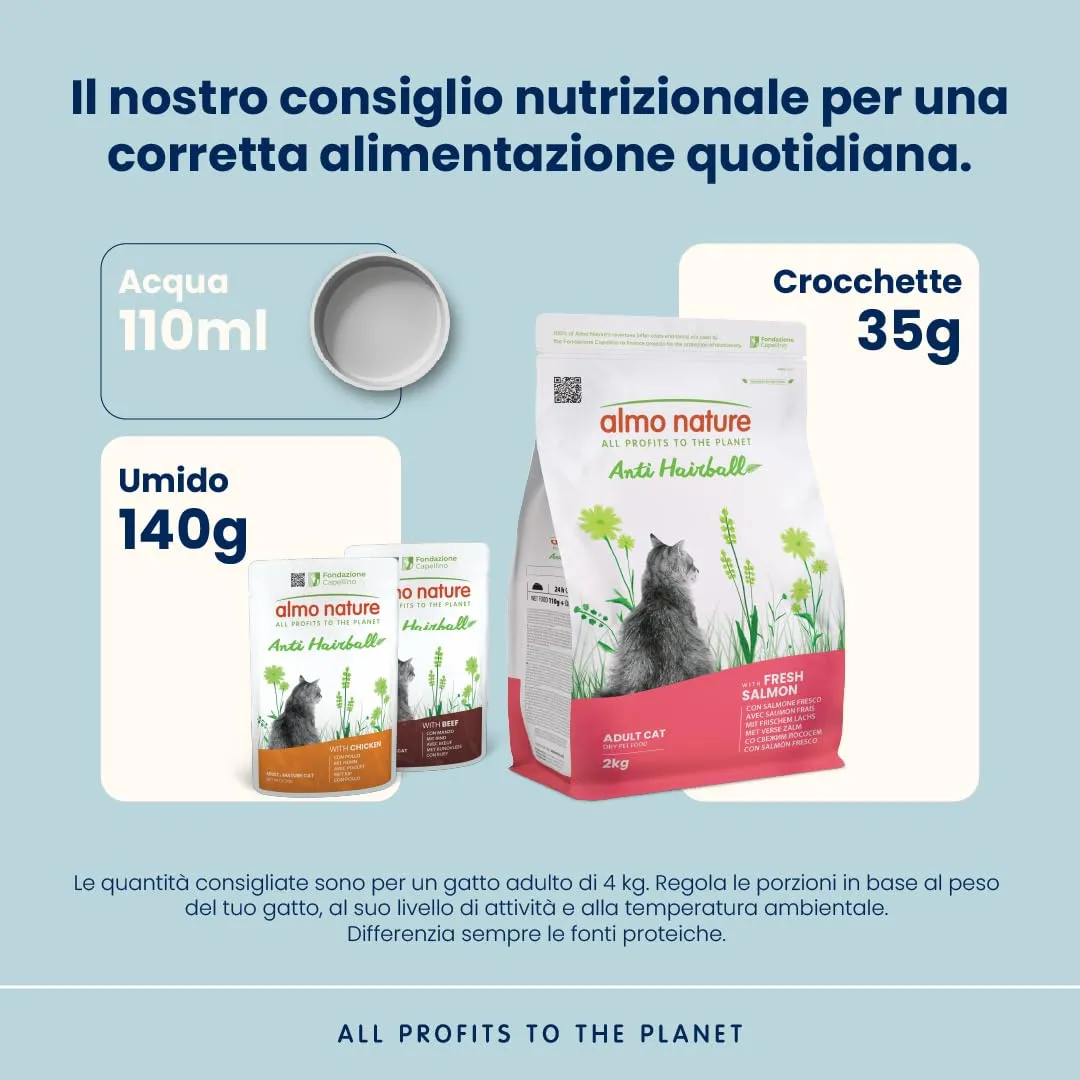 Almo Nature Anti Hairball - Crocchette Gatto Adulto con Salmone Fresco, con Miscela di Fibre Vegetali per Contrastare la Formazione di Boli di Pelo - Sacco da 2kg - immagine 3