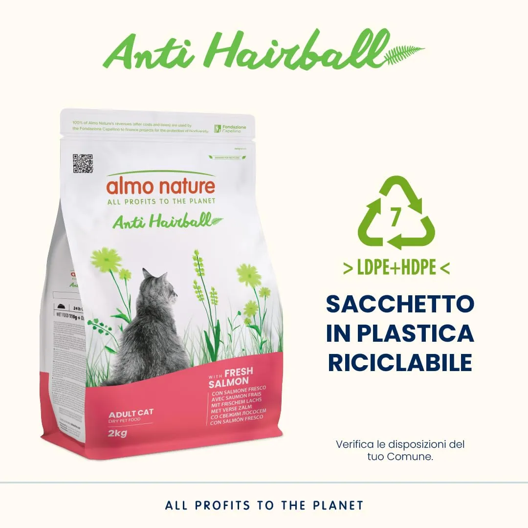Almo Nature Anti Hairball - Crocchette Gatto Adulto con Salmone Fresco, con Miscela di Fibre Vegetali per Contrastare la Formazione di Boli di Pelo - Sacco da 2kg - immagine 4