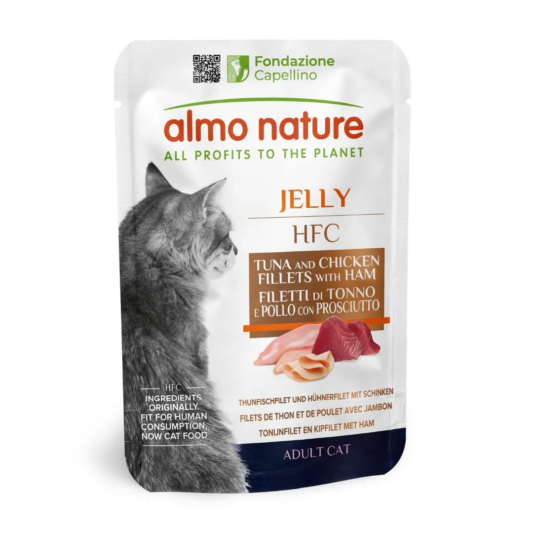 Almo Nature HFC Jelly - Alimento Umido per Gatti Adulti - Filetti di Tonno e Pollo con Prosciutto - Human-Grade, Gluten-Free - 55g (Confezione da 24) - immagine 1