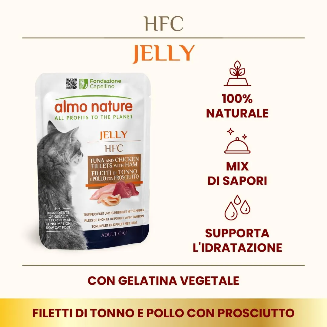 Almo Nature HFC Jelly - Alimento Umido per Gatti Adulti - Filetti di Tonno e Pollo con Prosciutto - Human-Grade, Gluten-Free - 55g (Confezione da 24) - immagine 2