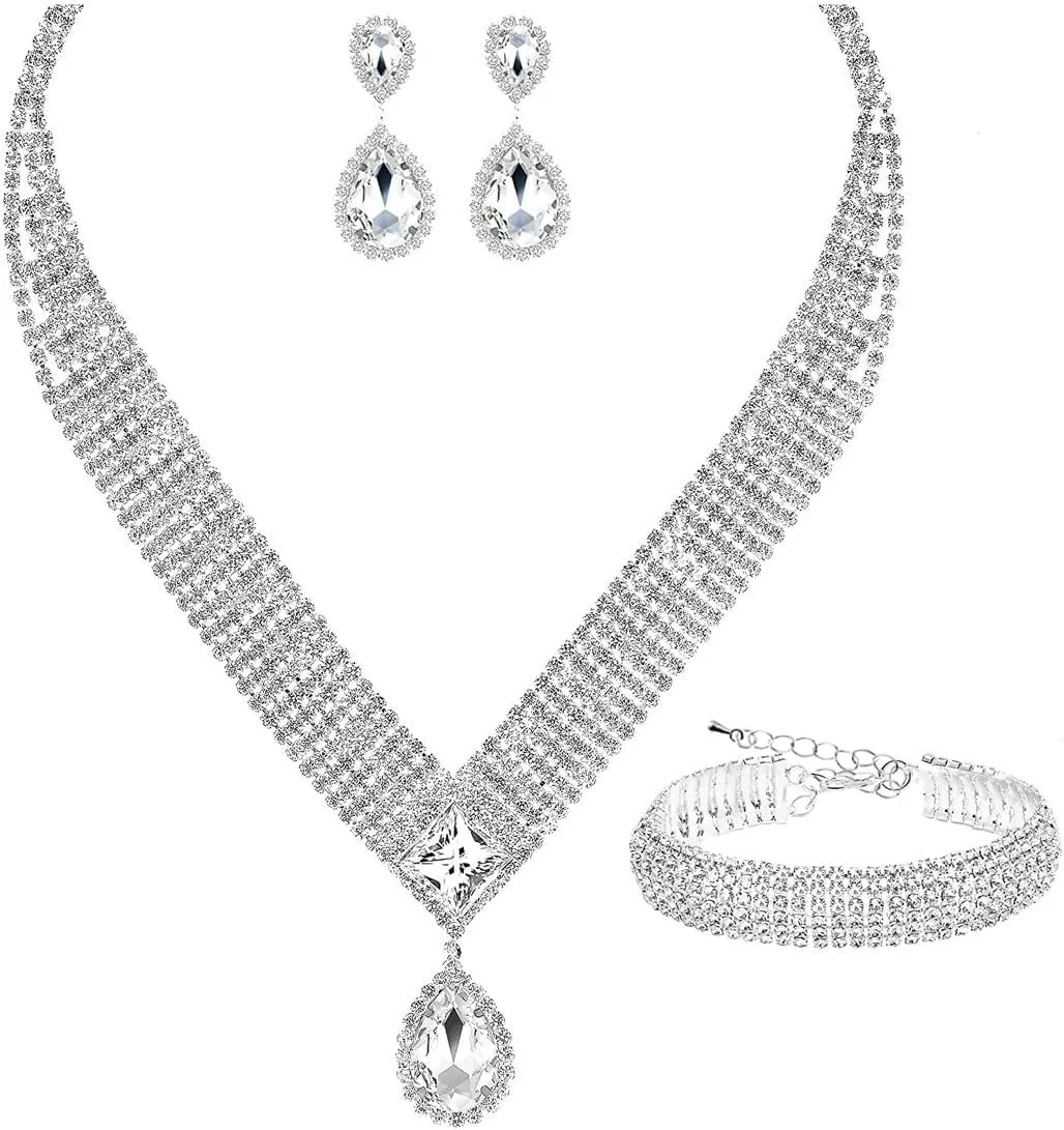 TOEECY Set Gioielli Sposa Goccia Zirconia Collana Orecchini Bracciale Cristallo Elegante Cerimonia Matrimonio Argento Brillante - immagine 1