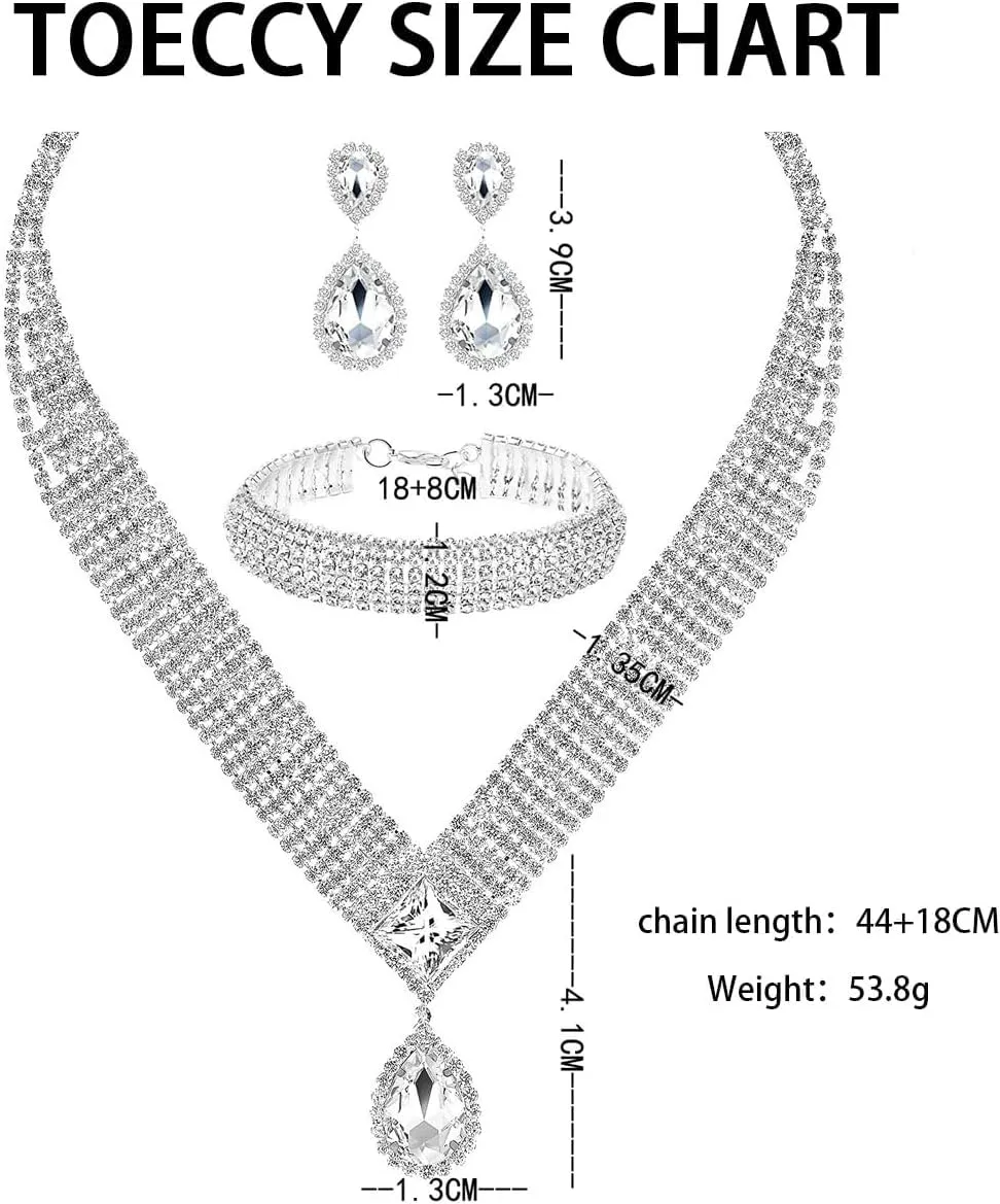 TOEECY Set Gioielli Sposa Goccia Zirconia Collana Orecchini Bracciale Cristallo Elegante Cerimonia Matrimonio Argento Brillante - immagine 2