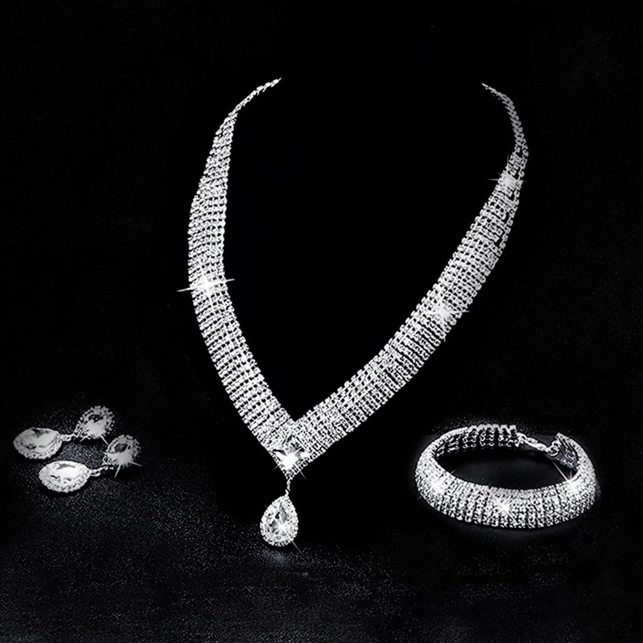 TOEECY Set Gioielli Sposa Goccia Zirconia Collana Orecchini Bracciale Cristallo Elegante Cerimonia Matrimonio Argento Brillante - immagine 3