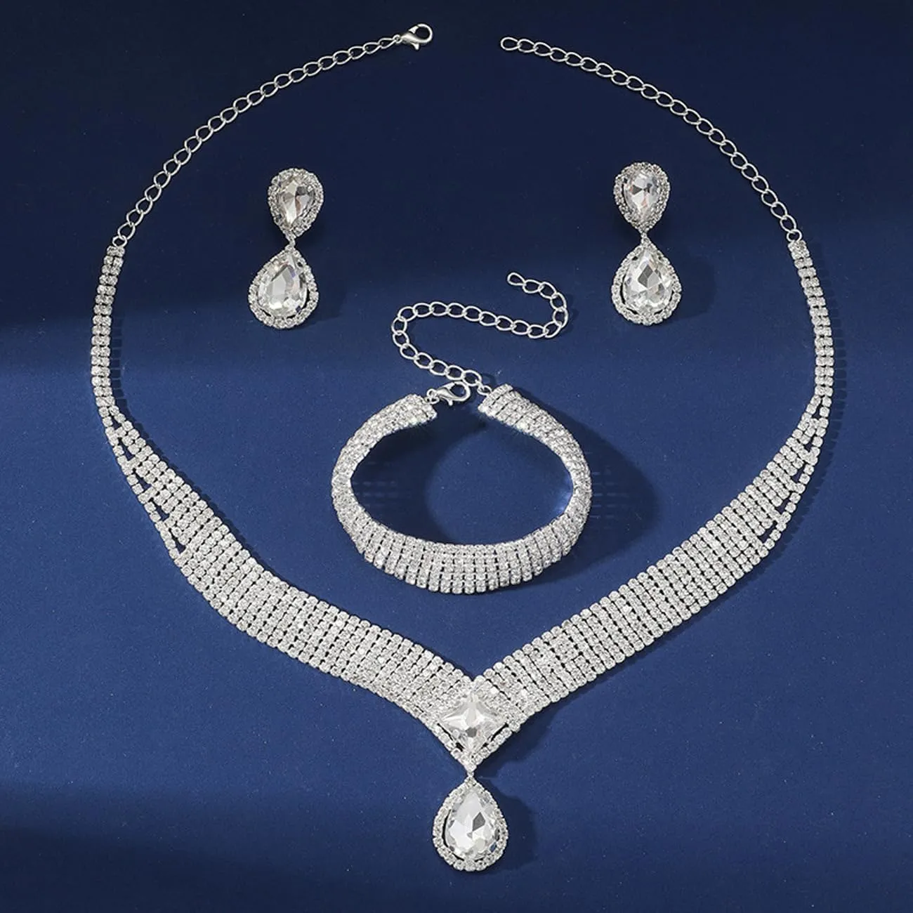 TOEECY Set Gioielli Sposa Goccia Zirconia Collana Orecchini Bracciale Cristallo Elegante Cerimonia Matrimonio Argento Brillante - immagine 4