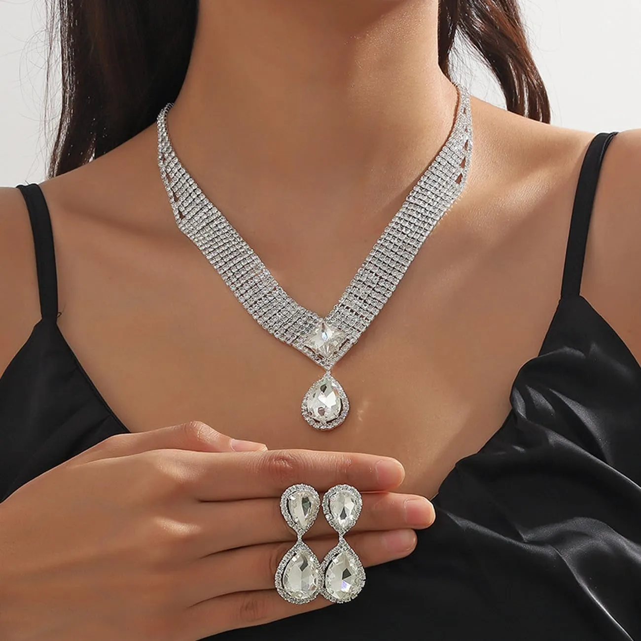 TOEECY Set Gioielli Sposa Goccia Zirconia Collana Orecchini Bracciale Cristallo Elegante Cerimonia Matrimonio Argento Brillante - immagine 5