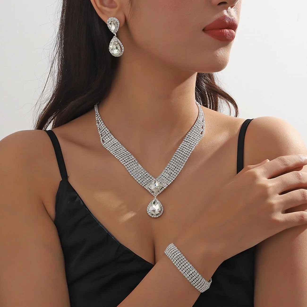 TOEECY Set Gioielli Sposa Goccia Zirconia Collana Orecchini Bracciale Cristallo Elegante Cerimonia Matrimonio Argento Brillante - immagine 6