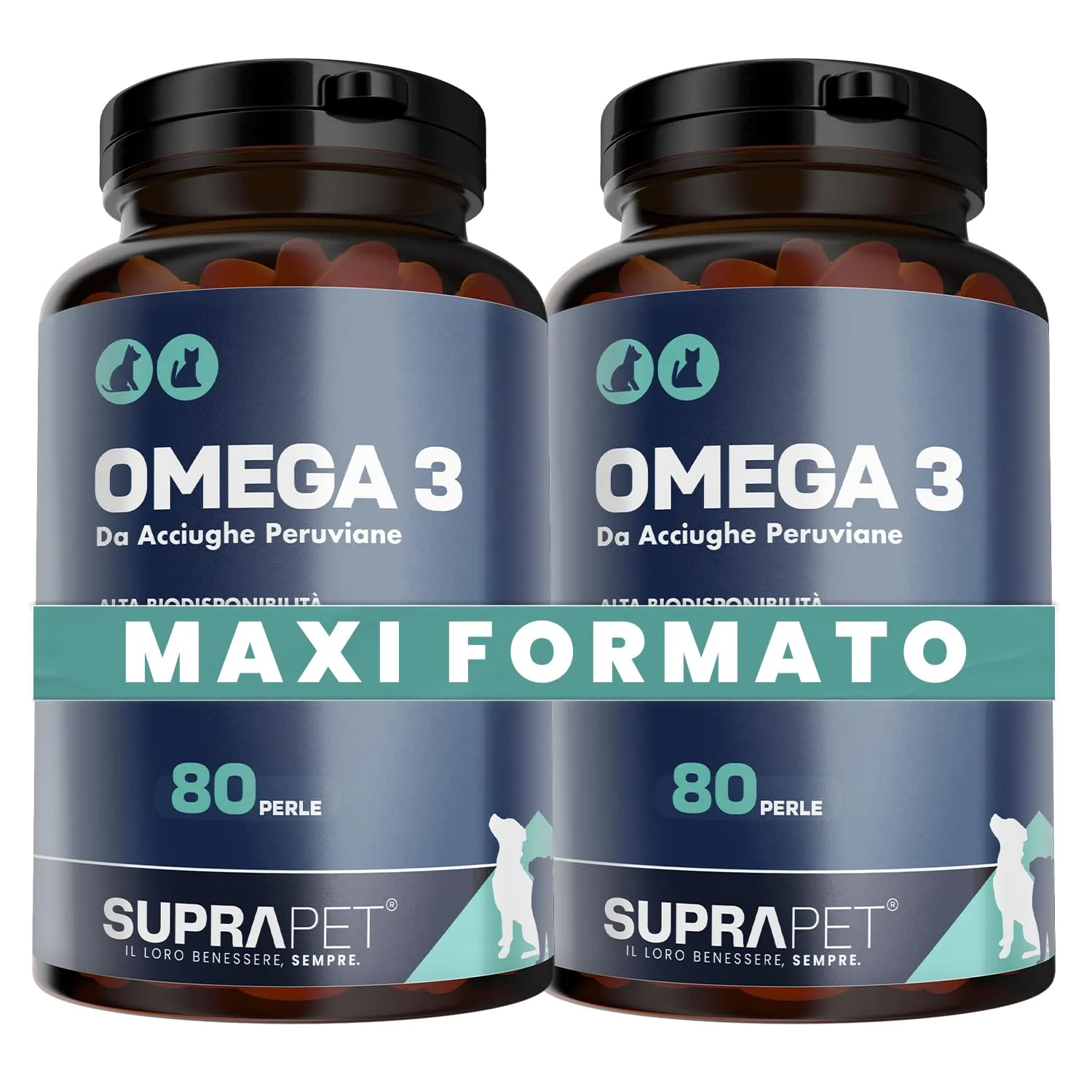 Suprapet Omega 3 per Cani e Gatti Olio di Pesce, EPA, DHA e Vitamina E 80 Perle. Mangime Complementare Naturale per Pelo e Articolazioni (160 unità (Confezione da 2)) - immagine 1