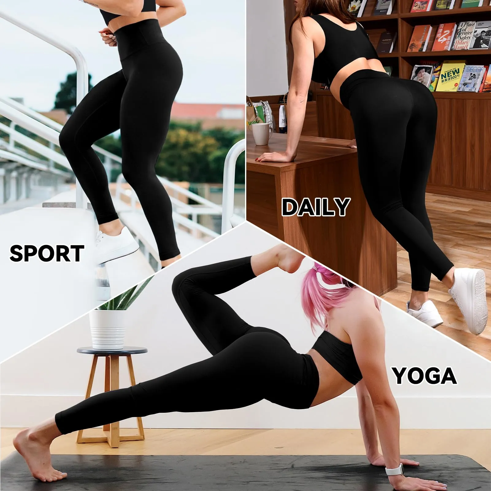 Sinophant - Leggings da donna, a vita alta, opachi, neri, per palestra, yoga, sport, confezione da 3, L-XL - immagine 5