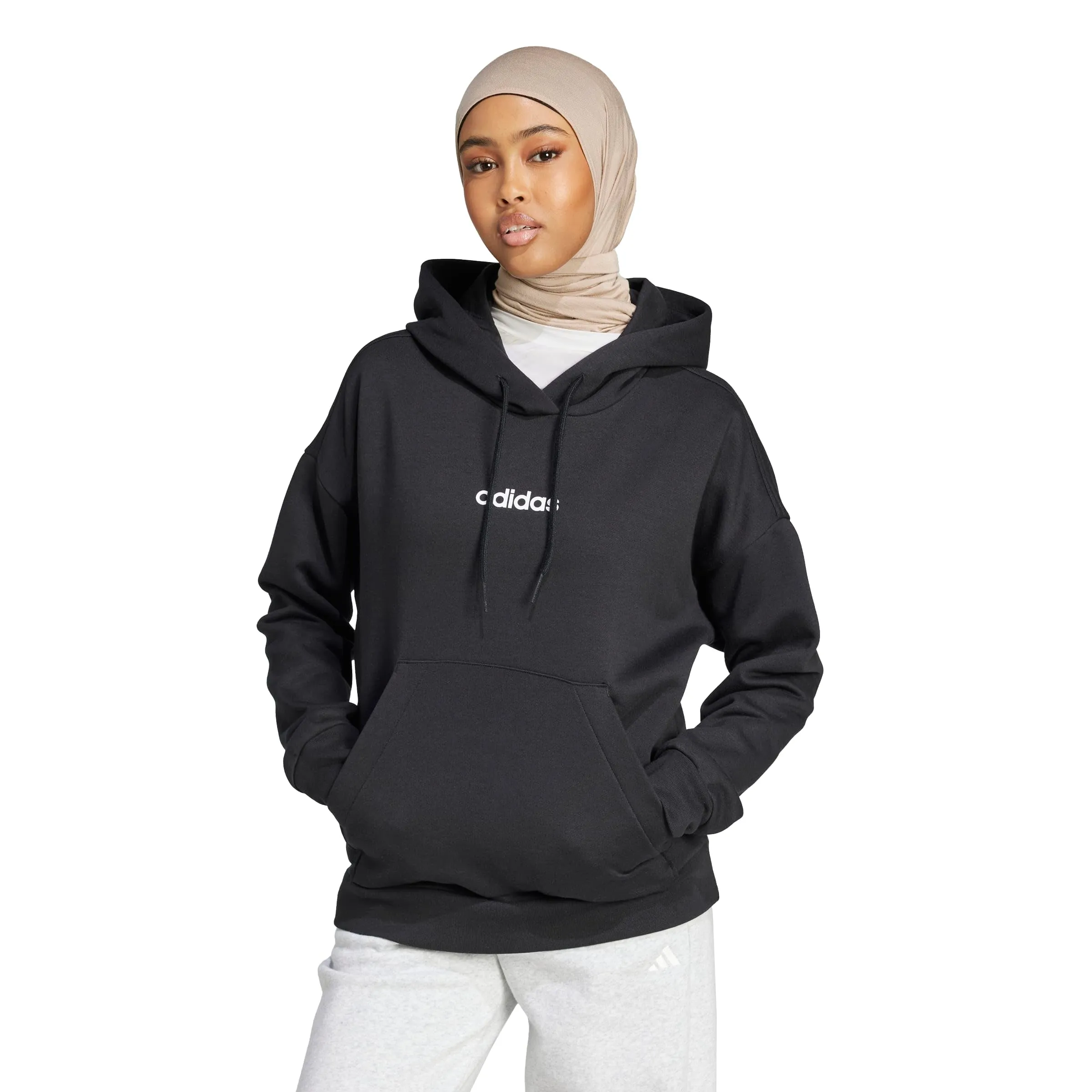 adidas Donna Essentials Linear Fleece Hoodie Sweatshirt, Black/White, S - immagine 3