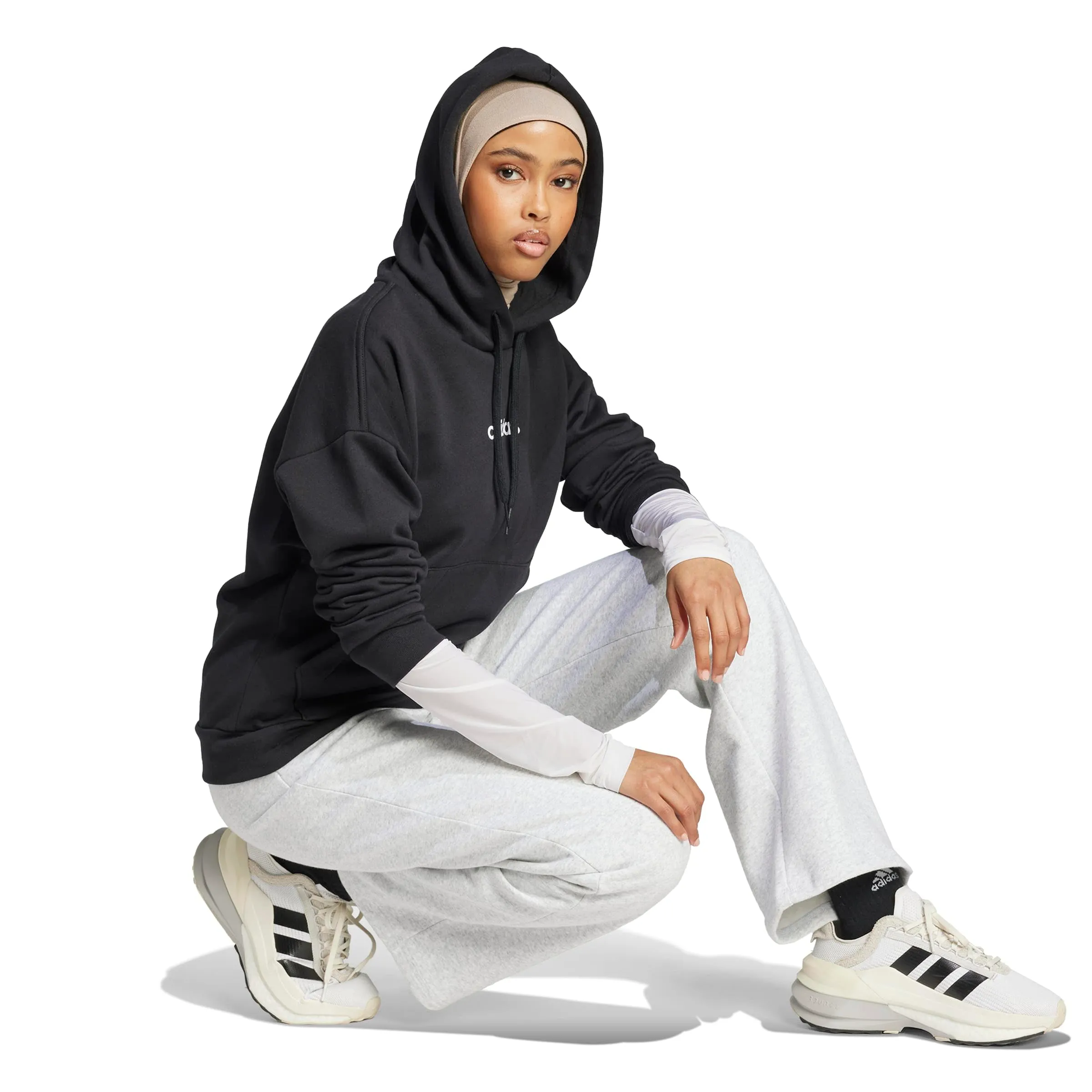 adidas Donna Essentials Linear Fleece Hoodie Sweatshirt, Black/White, S - immagine 7