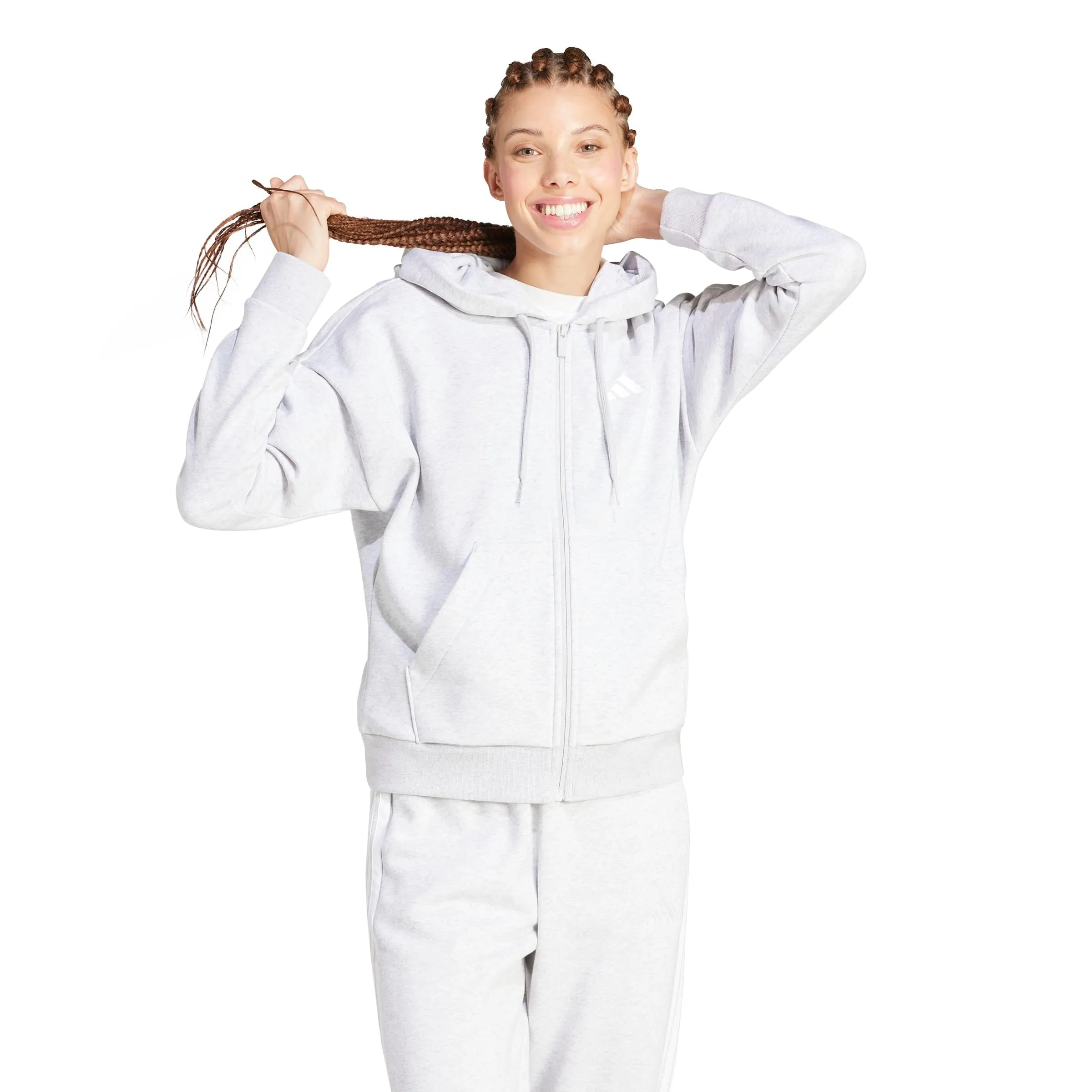 adidas Donna Essentials 3-Stripes Full-Zip Fleece Hoodie Sweatshirt, Light Grey Heather/White, XXL - immagine 3
