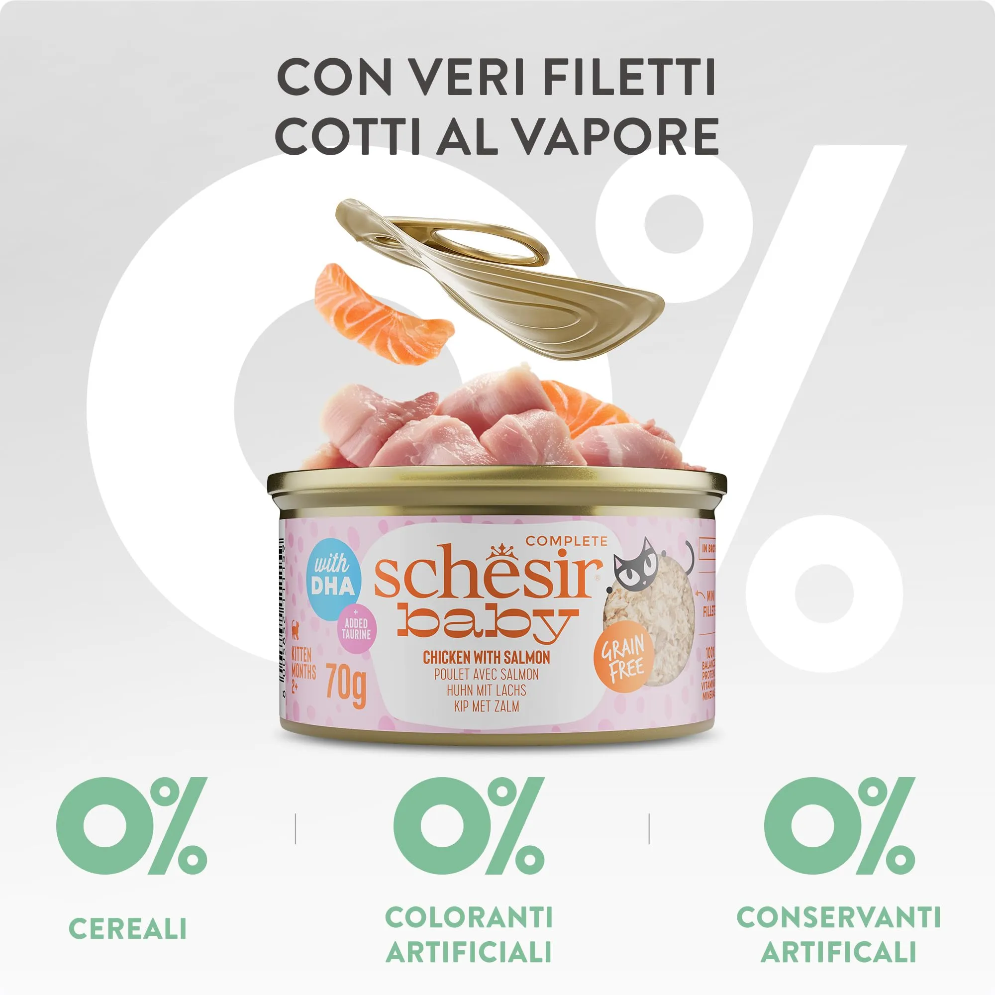 Schesir Baby, Filettini di Pollo con Salmone in Brodo, Alimento Umido Completo per Gattini, Grain Free, con DHA e Taurina, Fonte di Idratazione, 12 x 70 g - immagine 7