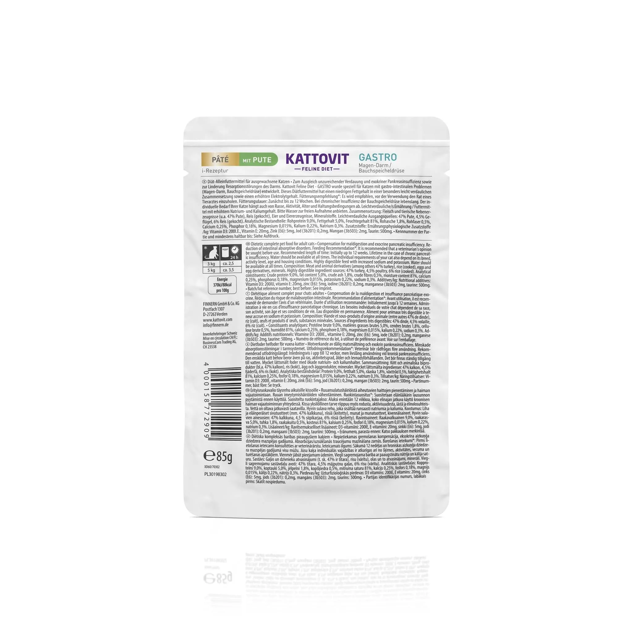 Kattovit - Gastro Cibo Umido per Gatti | Alimento Completo Dietetico per Sostenere il Sistema Gastrointestinale | Sacchetto Fresco per Gatti Adulti | 10 x 85 g Paté Tacchino - immagine 3
