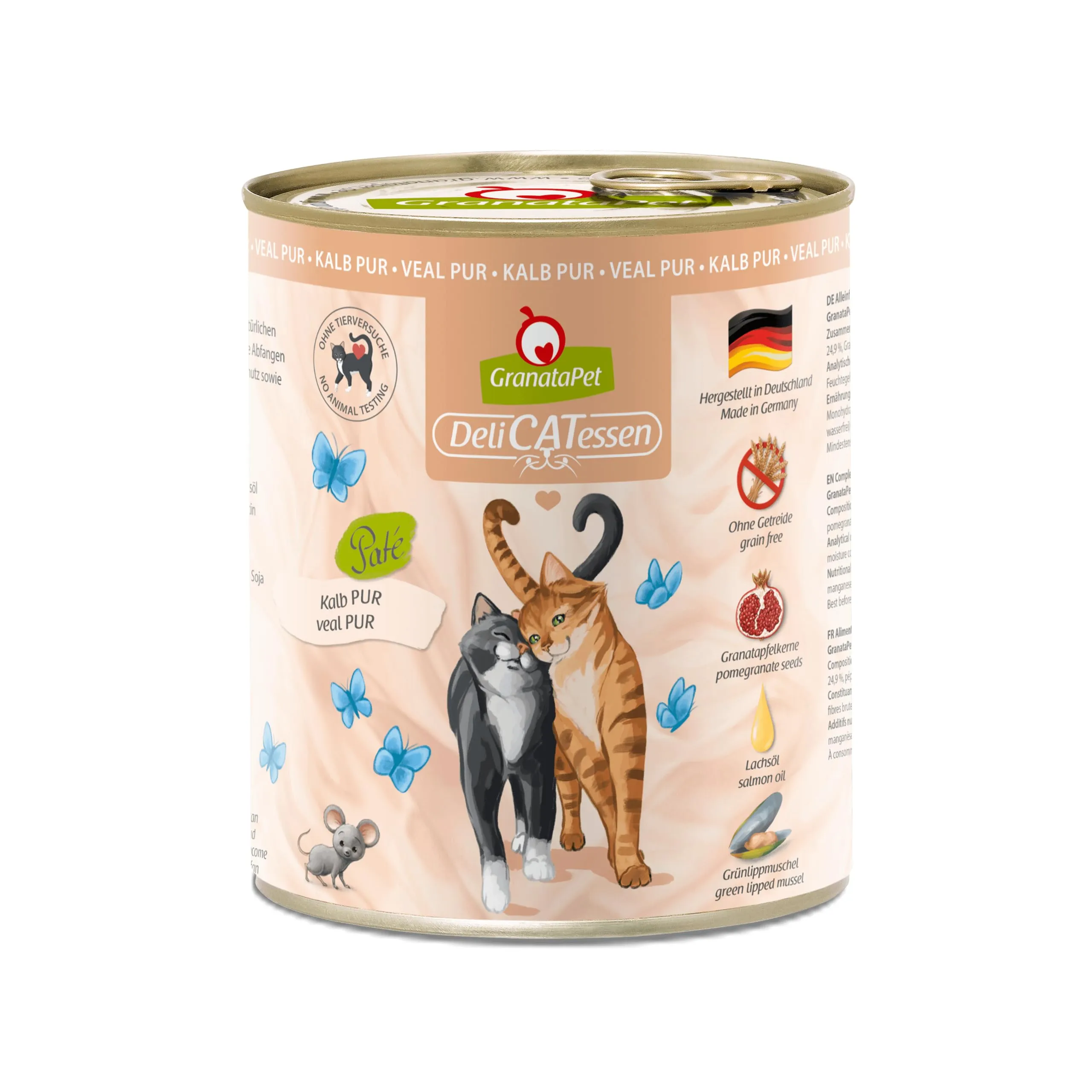 GranataPet DeliCatessen PUR con vitello, alimento umido gatti, cibo senza cereali e zuccheri aggiunti, scatolette con alto contenuto di carne e oli salutari, 6 x 800 g - immagine 1