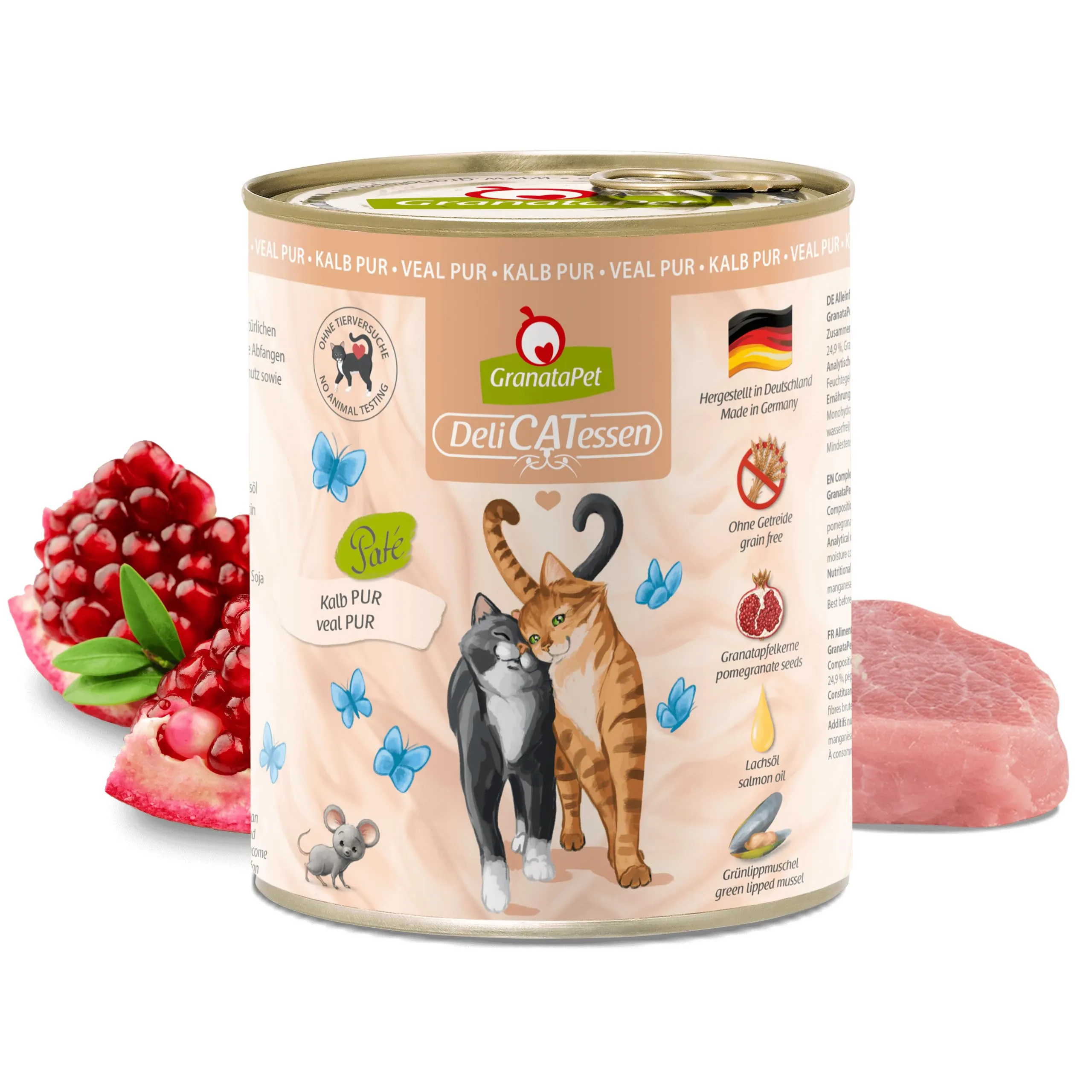 GranataPet DeliCatessen PUR con vitello, alimento umido gatti, cibo senza cereali e zuccheri aggiunti, scatolette con alto contenuto di carne e oli salutari, 6 x 800 g - immagine 2