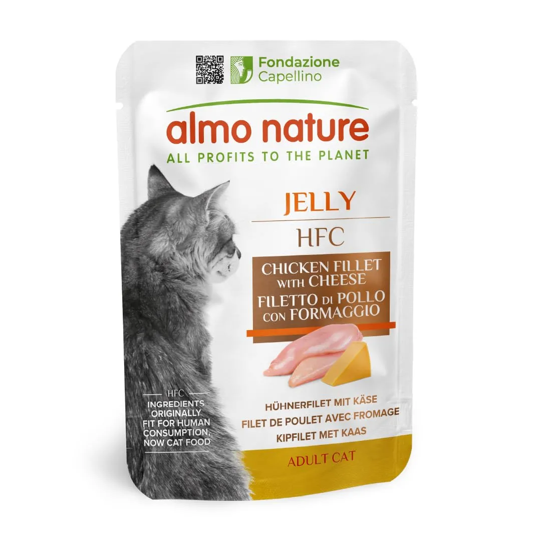 Almo Nature HFC Jelly - Alimento Umido per Gatti Adulti - Filetto di Pollo con Formaggio - Human-Grade, Gluten-Free - 55g (Confezione da 24) - immagine 1