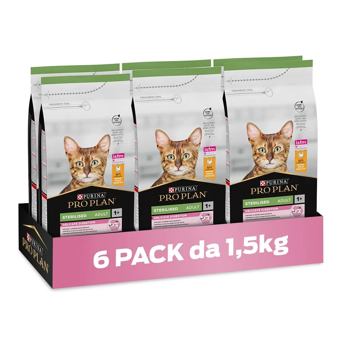 PURINA PRO PLAN Delicate Digestion Sterilised Crocchette per Gatti Adulti Sterilizzati con Pollo 6 sacchi da 1,5kg - immagine 1