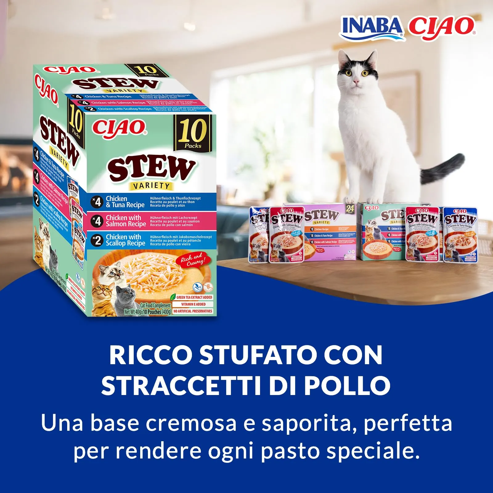 INABA Ciao Stew, Multipack Pollo, Tonno, Salmone e Capesante, 400g - immagine 2