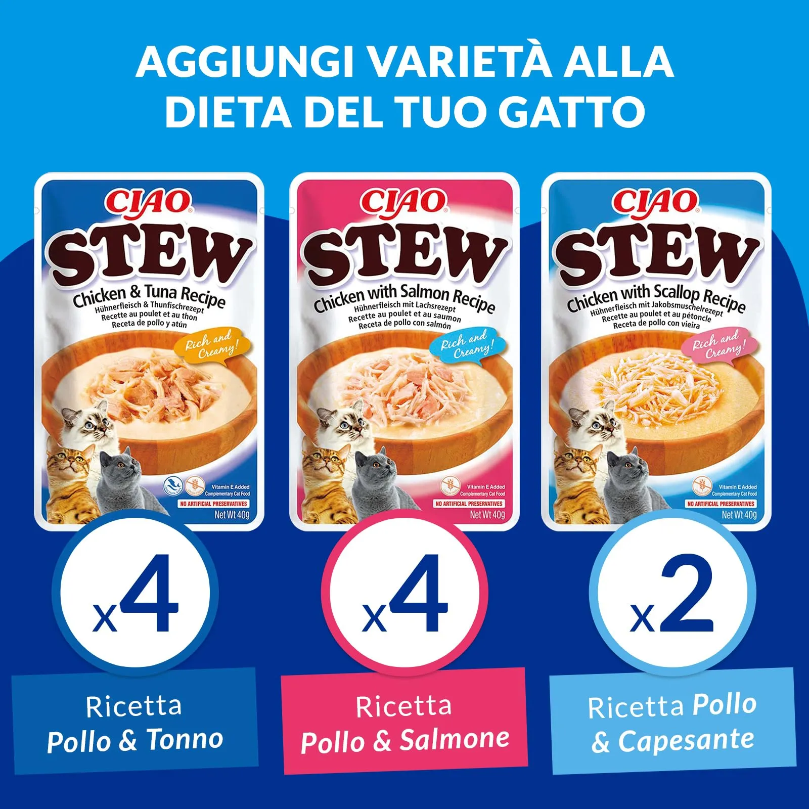 INABA Ciao Stew, Multipack Pollo, Tonno, Salmone e Capesante, 400g - immagine 3