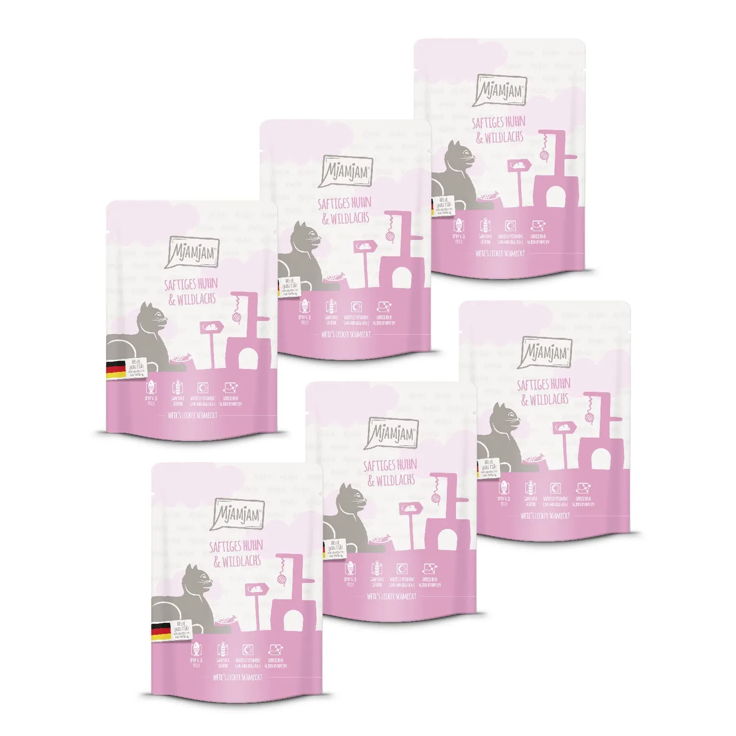 MjAMjAM - cibo umido premium per gatti - Quetschie - pollo succoso e salmone selvatico, confezione da 6 (6 x 300 g), senza cereali con carne extra - immagine 1