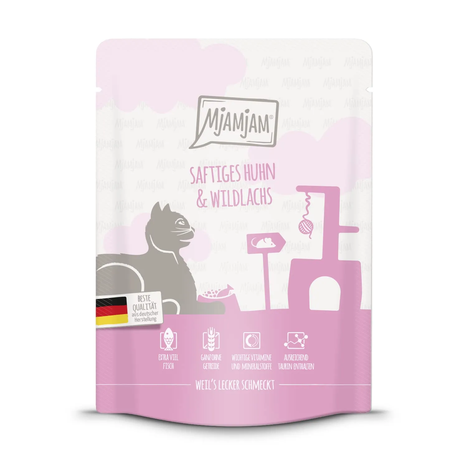 MjAMjAM - cibo umido premium per gatti - Quetschie - pollo succoso e salmone selvatico, confezione da 6 (6 x 300 g), senza cereali con carne extra - immagine 2