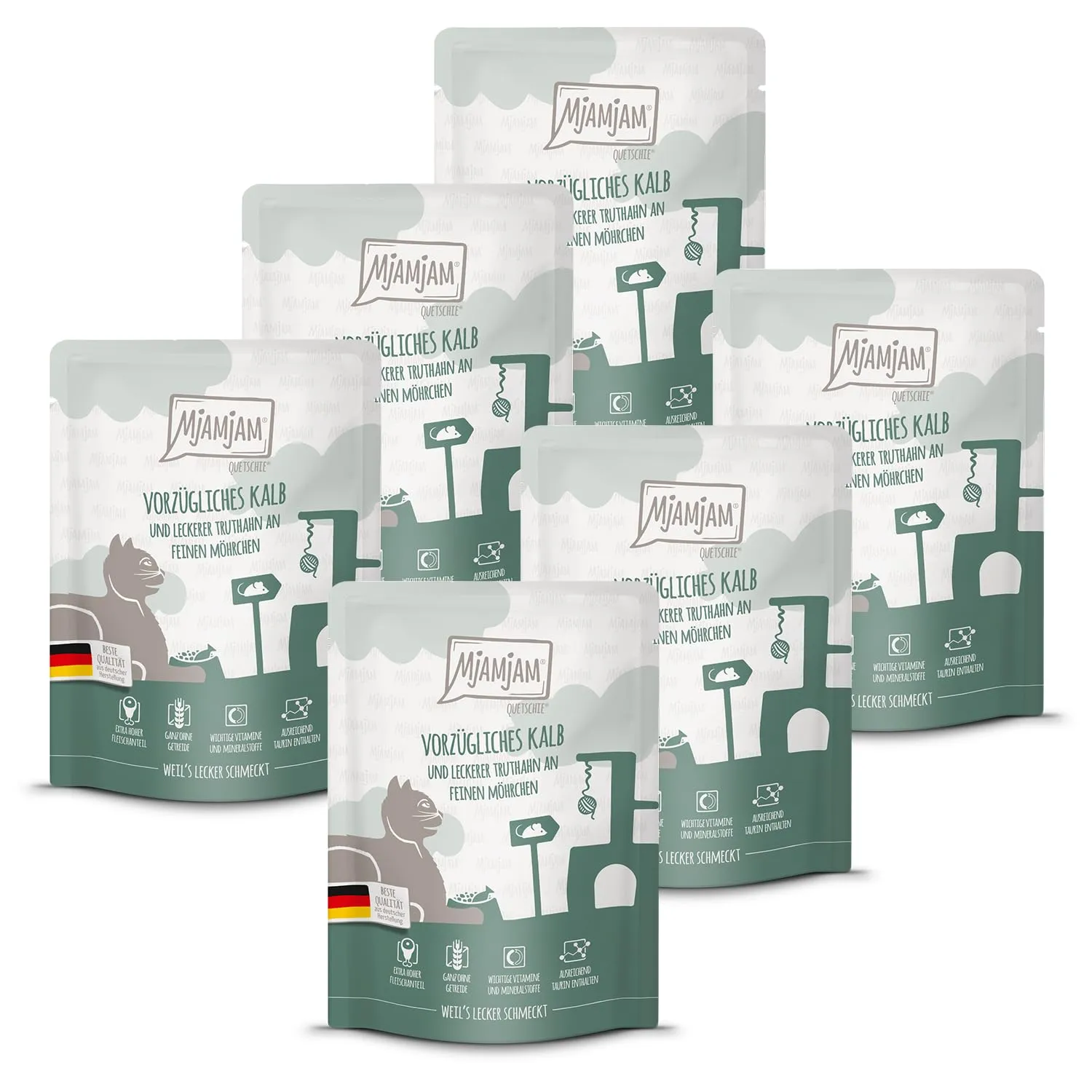 MjAMjAM - cibo umido premium per gatti - Quetschie - eccellente vitello e tacchino con deliziose carote, confezione da 6 (6 x 300 g), senza cereali con carne extra - immagine 1