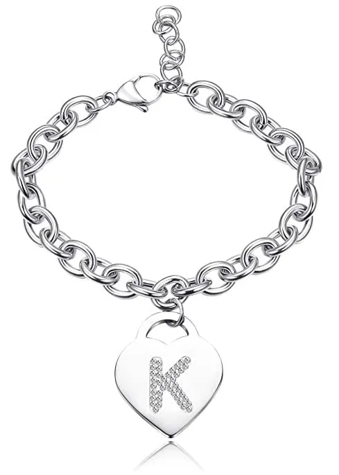 Bracciale con lettera iniziale donna con STRASS in acciaio con lettera NOME - charm cuore e cristalli argento - alfabeto - misura regolabile, nascita, anniversario,idea CONFEZIONE REGALO INCLUSA (K) - immagine 1