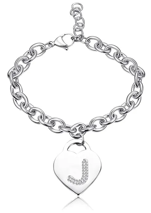 Bracciale con lettera iniziale donna con STRASS in acciaio con lettera NOME - charm cuore e cristalli argento - alfabeto - misura regolabile, nascita, anniversario,idea CONFEZIONE REGALO INCLUSA (J) - immagine 1