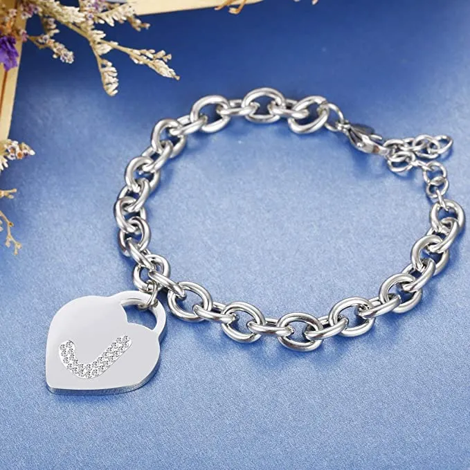 Bracciale con lettera iniziale donna con STRASS in acciaio con lettera NOME - charm cuore e cristalli argento - alfabeto - misura regolabile, nascita, anniversario,idea CONFEZIONE REGALO INCLUSA (J) - immagine 2