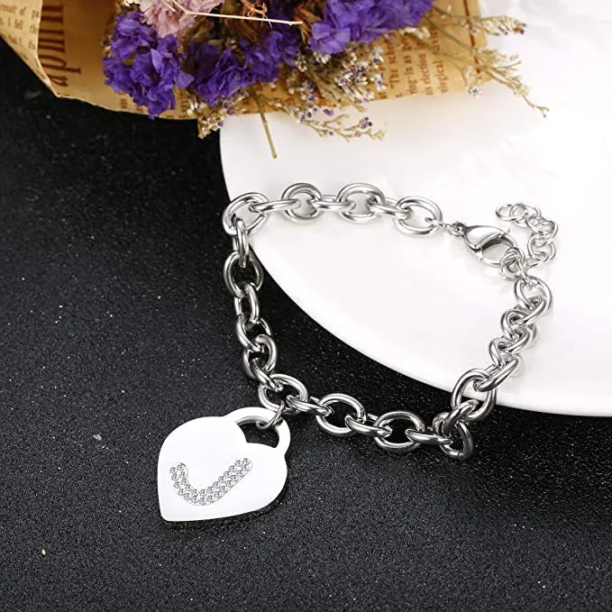 Bracciale con lettera iniziale donna con STRASS in acciaio con lettera NOME - charm cuore e cristalli argento - alfabeto - misura regolabile, nascita, anniversario,idea CONFEZIONE REGALO INCLUSA (J) - immagine 4