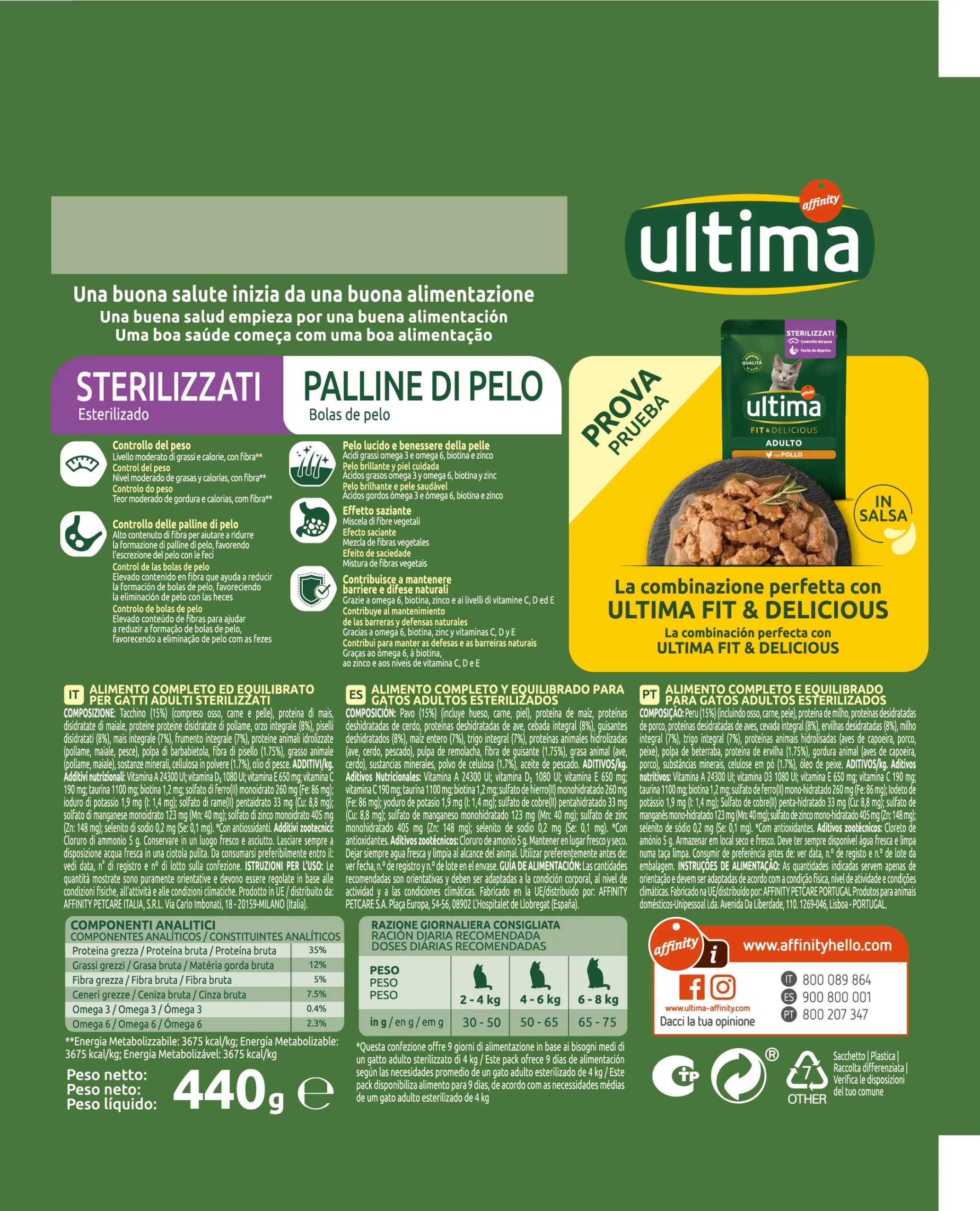 Ultima Cibo per Gatti Sterilizzati per Prevenire Palline di Pelo - Pack 8 x 440g - Total 3,52kg - immagine 3