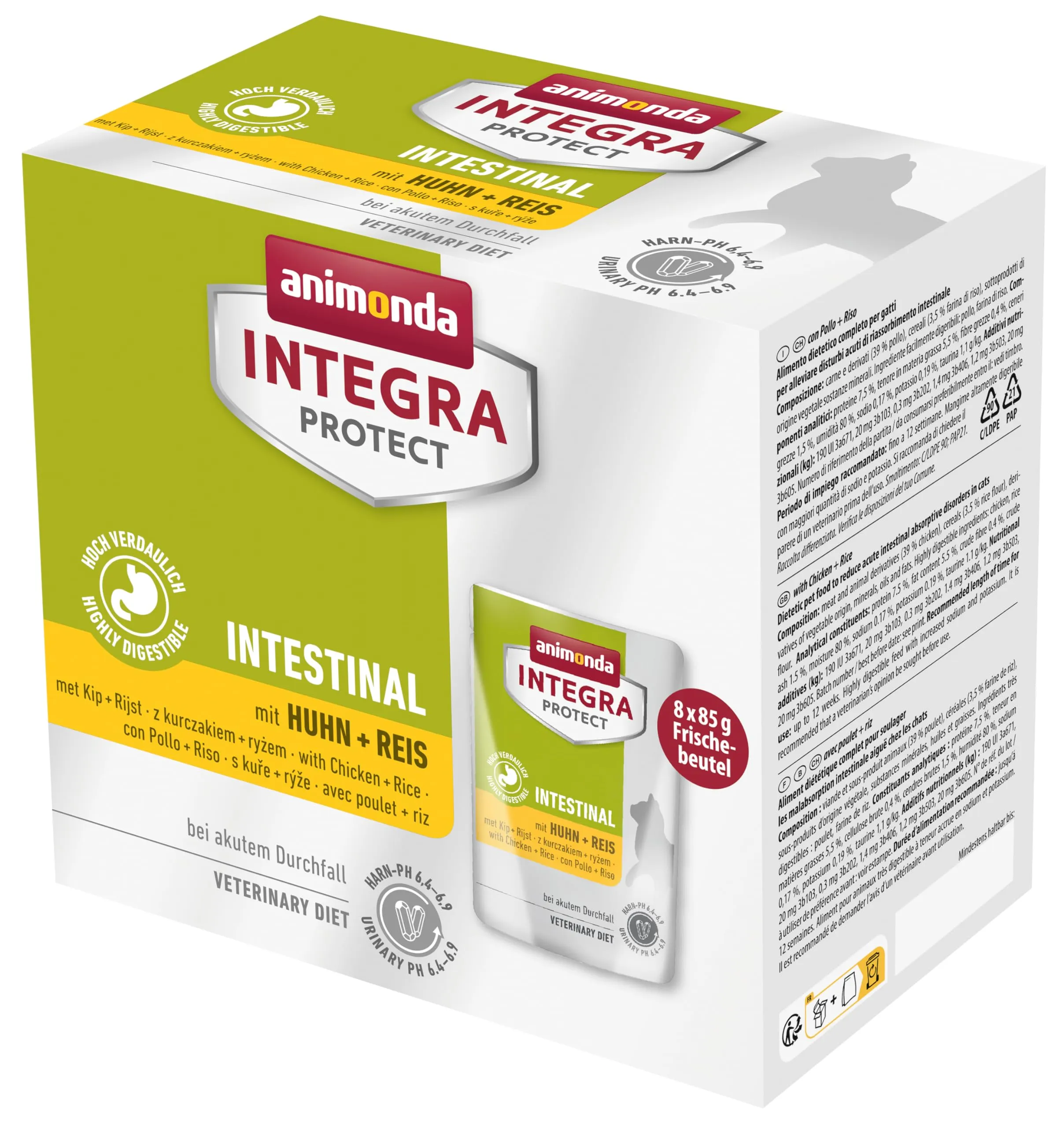 INTEGRA PROTECT cibo per gatti bagnato Intestinale con pollo + riso (8 x 85 g), consigliato dal veterinario in caso di calcoli urinari, mangime complementare sviluppato con veterinari per gatti adulti - immagine 1