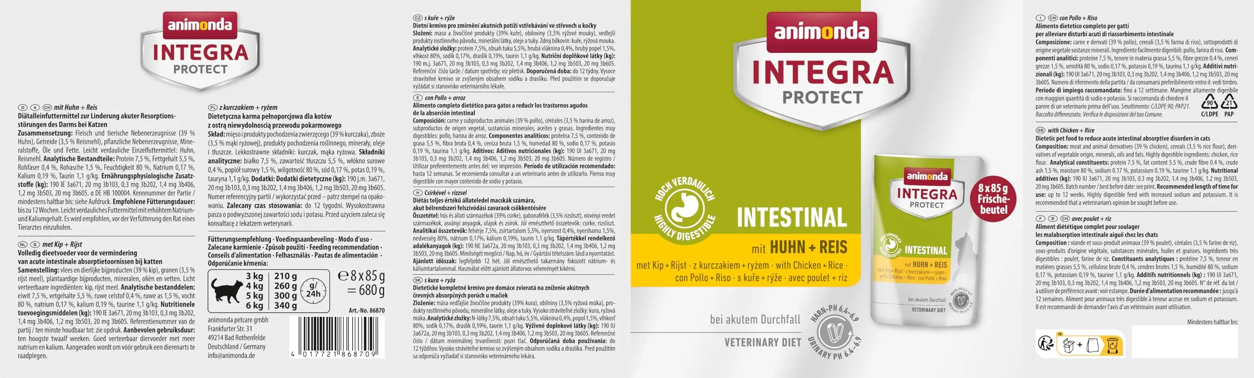 INTEGRA PROTECT cibo per gatti bagnato Intestinale con pollo + riso (8 x 85 g), consigliato dal veterinario in caso di calcoli urinari, mangime complementare sviluppato con veterinari per gatti adulti - immagine 2