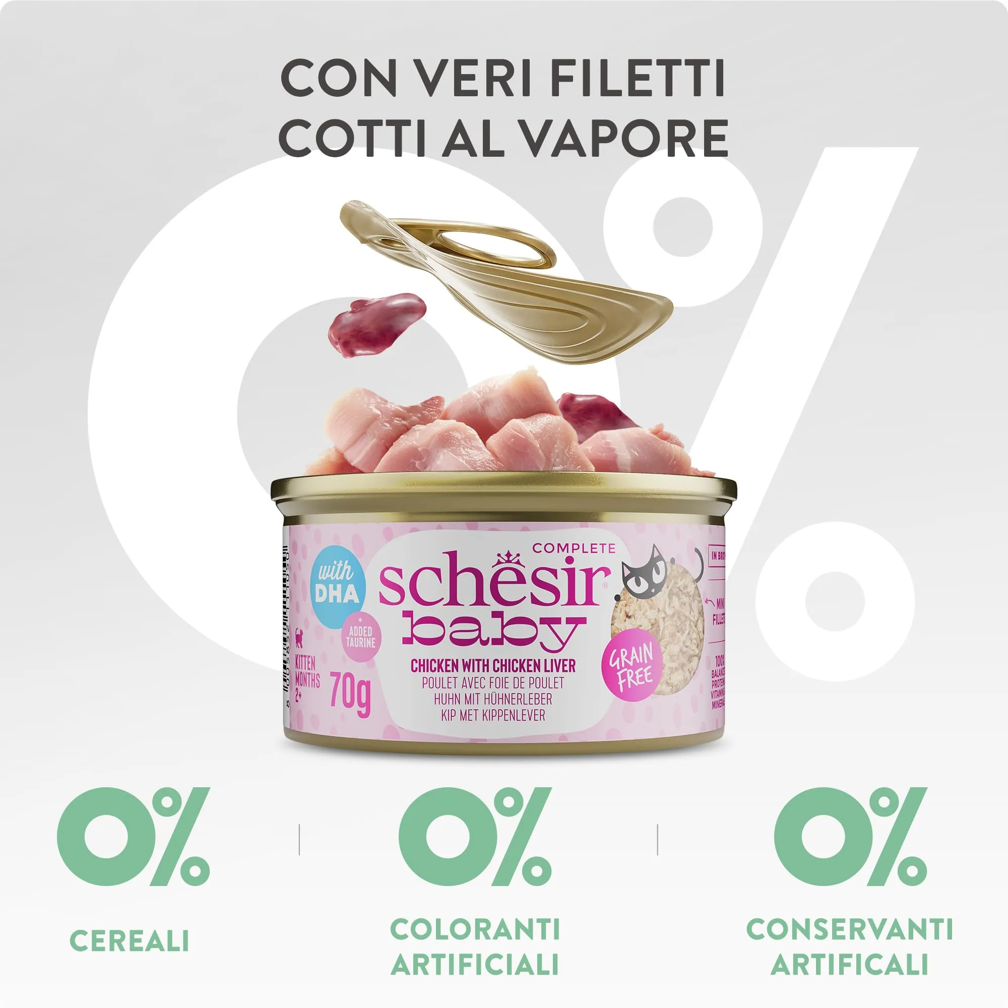 Schesir Baby, Filettini di Pollo con Fegato in Brodo, Alimento Umido Completo per Gattini, Grain Free, con DHA e Taurina, Fonte di Idratazione, 12 x 70 g - immagine 4