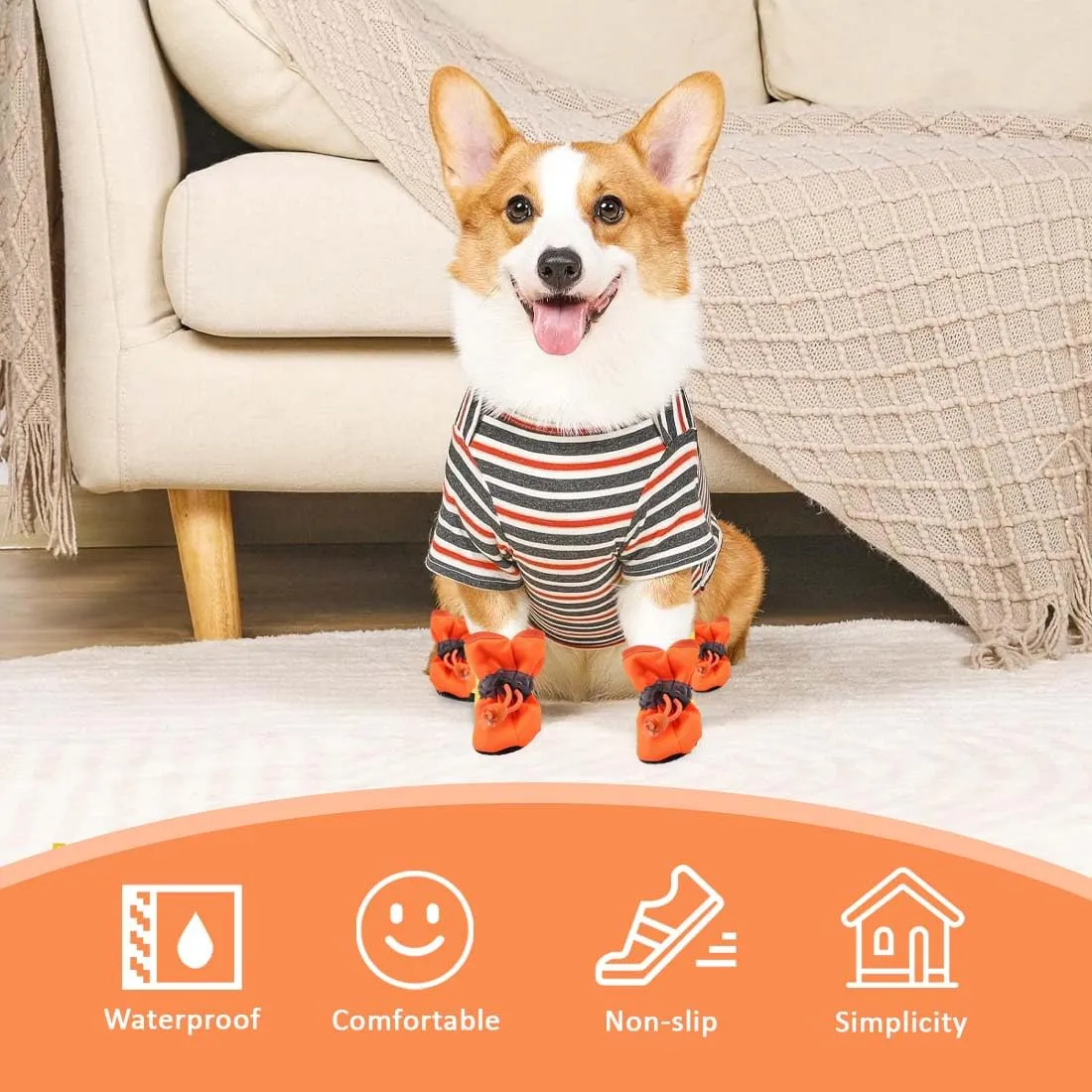 EIR 4 Pcs Scarpe per Cani Antiscivolo, Impermeabili per Pioggia, Stivali Protezione Zampe con Cinghie Riflettenti, Morbide, Arancione - immagine 5
