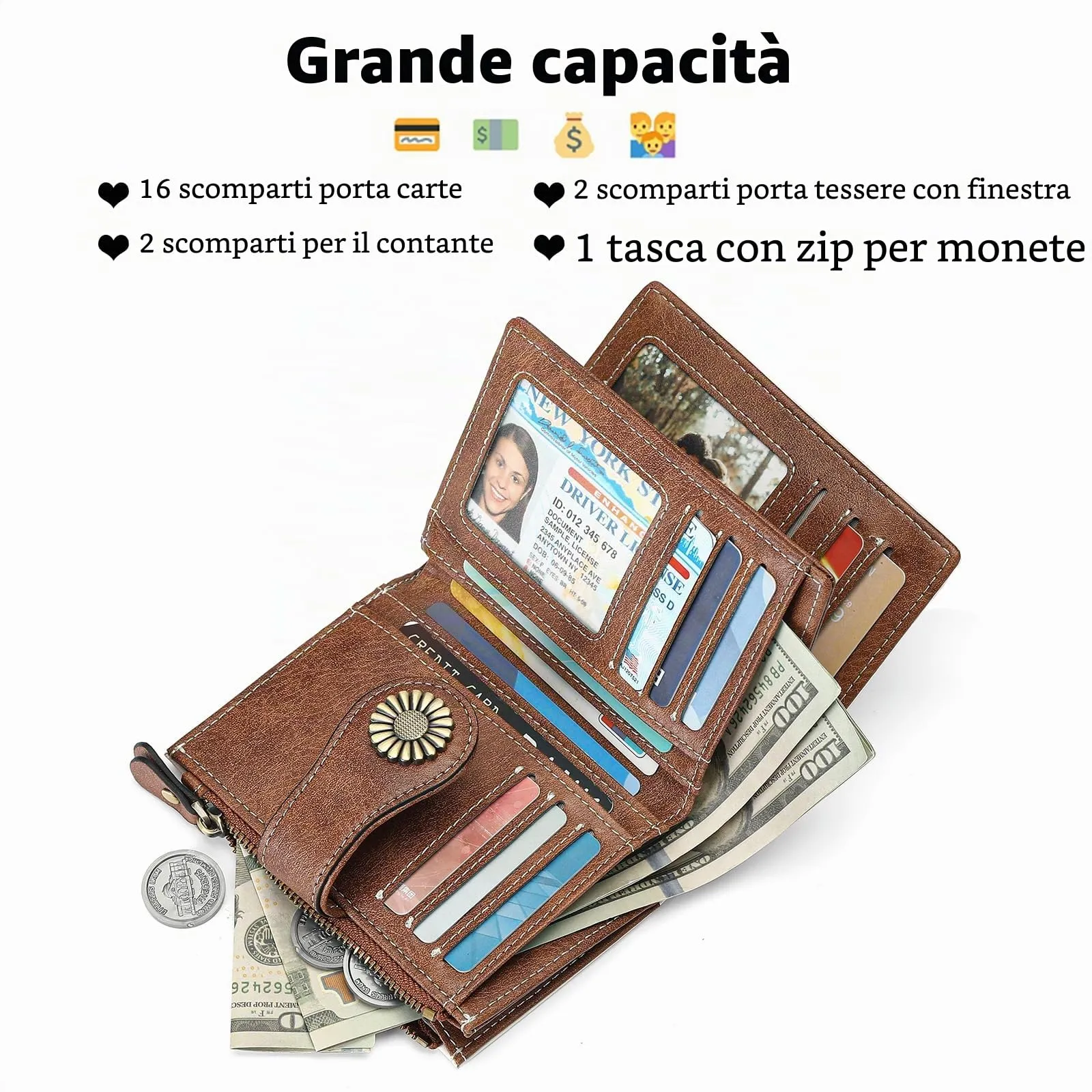 SENDEFN Portafoglio Donna in Pelle, Portamonete Donne Cuoio di Blocco RFID in Cuoio con 16 scomparti per carte di credito con 2 Finestra di Identificazione e 1 Tasca con Cerniera - immagine 3