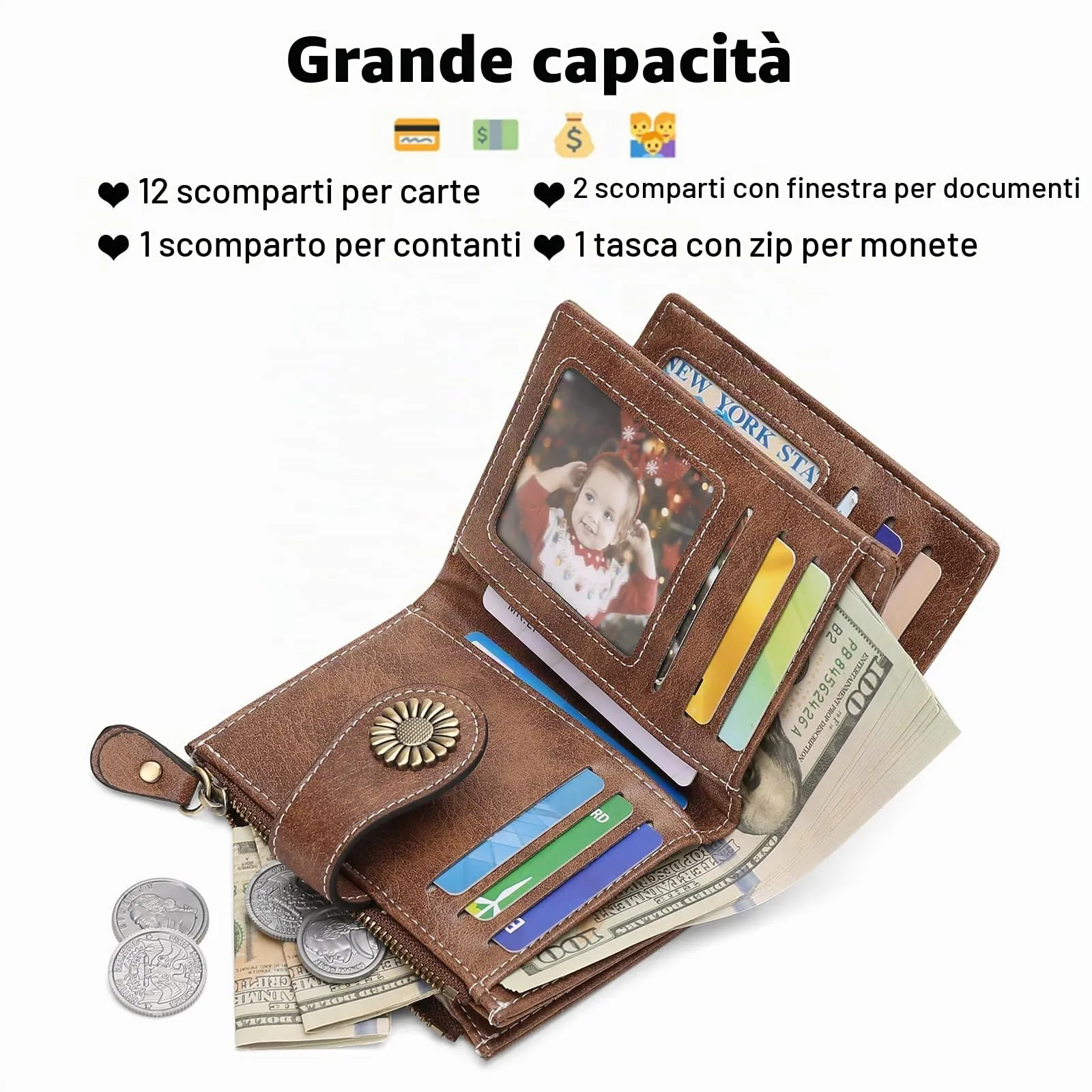 SENDEFN Portafoglio Donna in Pelle, Portamonete Donne Cuoio di Blocco RFID in Cuoio con 16 scomparti per carte di credito con 2 Finestra di Identificazione e 1 Tasca con Cerniera - immagine 3