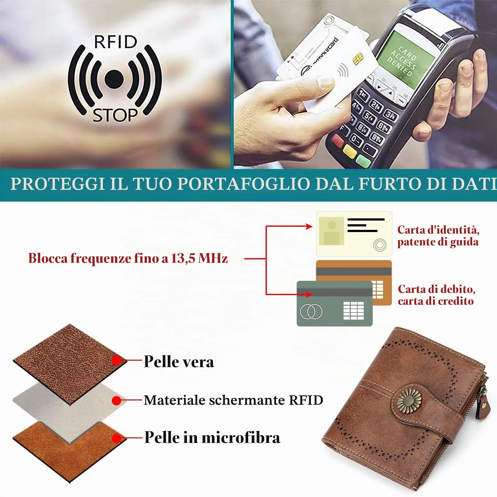 SENDEFN Portafoglio Donna in Pelle, Portamonete Donne Cuoio di Blocco RFID in Cuoio con 16 scomparti per carte di credito con 2 Finestra di Identificazione e 1 Tasca con Cerniera - immagine 4