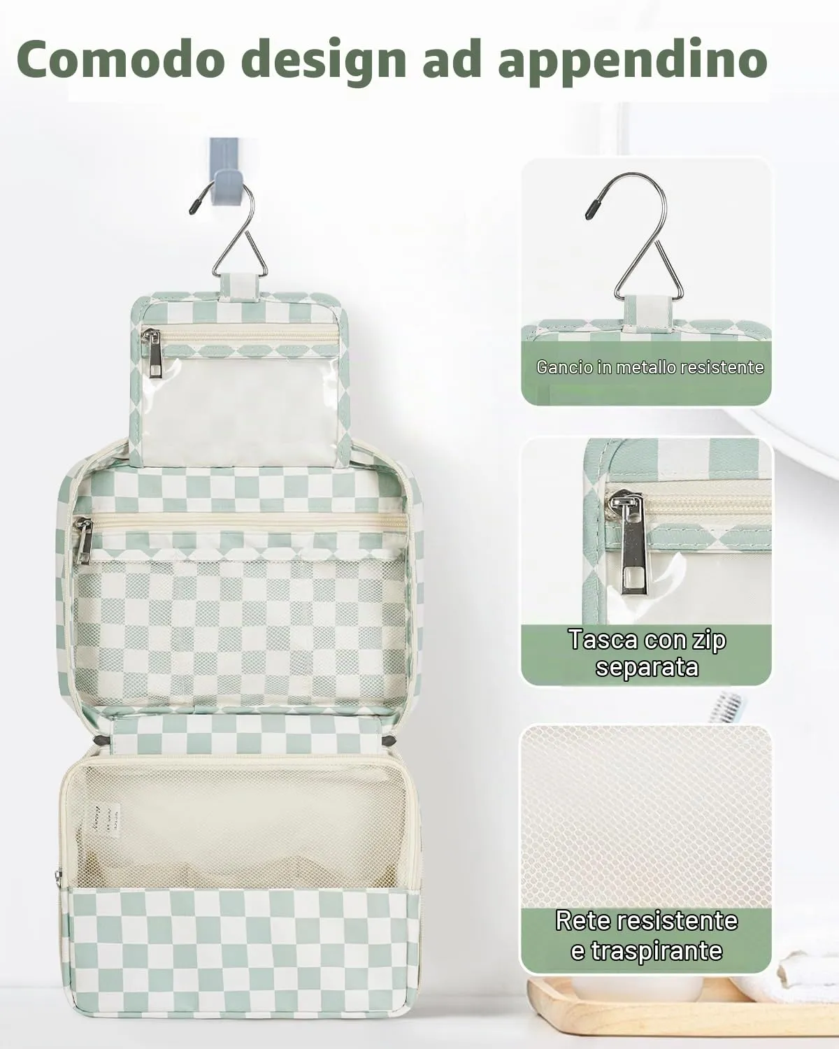 Narwey Beauty Case da Viaggio, Beauty Case da Appendere per Donna Uomo, Borsa da toilette Wash Bag da Travel Kit Viaggio, Trousse Pochette Trucchi Donna per Viaggio Accessori (Scacchiere Verde Menta) - immagine 2