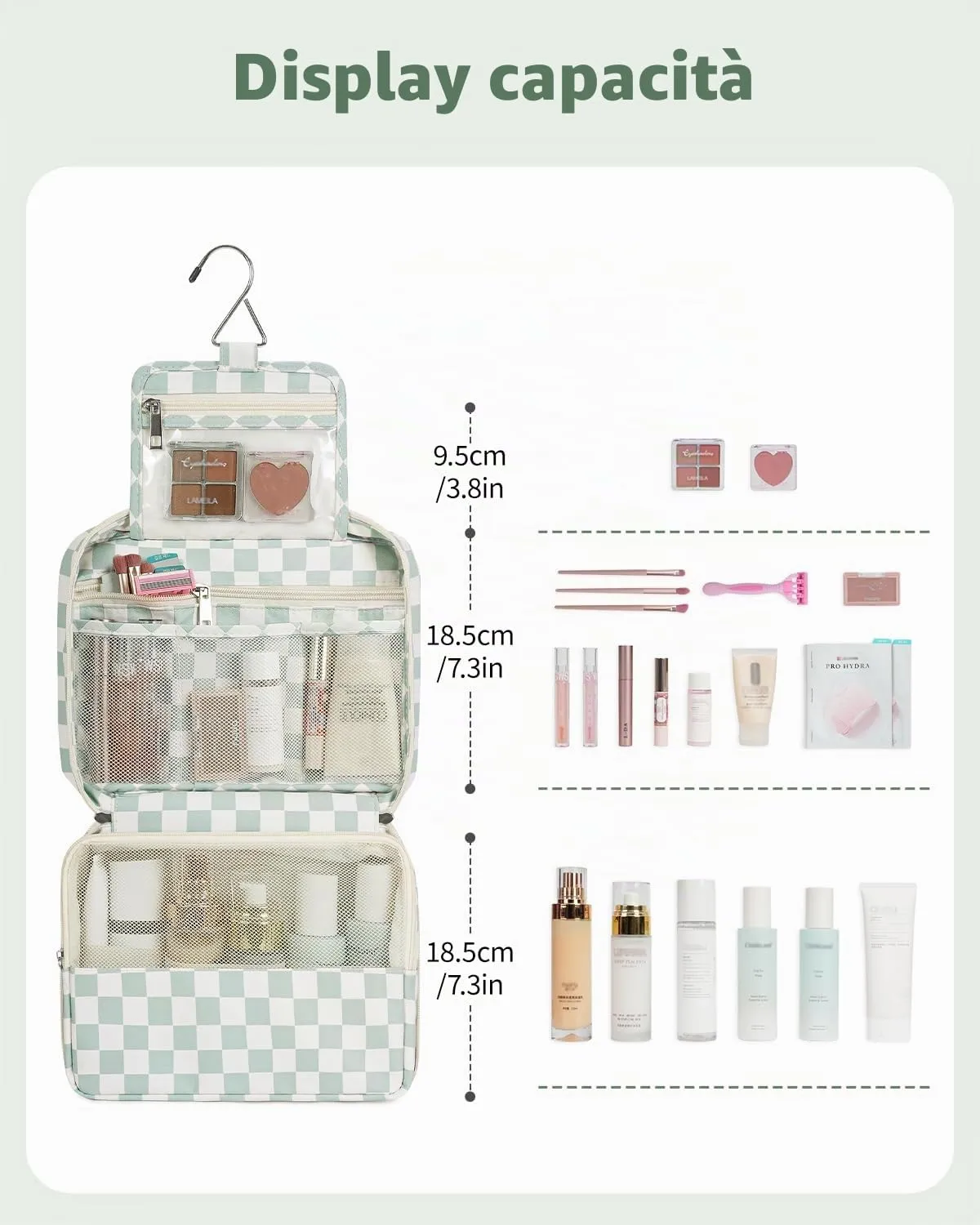 Narwey Beauty Case da Viaggio, Beauty Case da Appendere per Donna Uomo, Borsa da toilette Wash Bag da Travel Kit Viaggio, Trousse Pochette Trucchi Donna per Viaggio Accessori (Scacchiere Verde Menta) - immagine 3