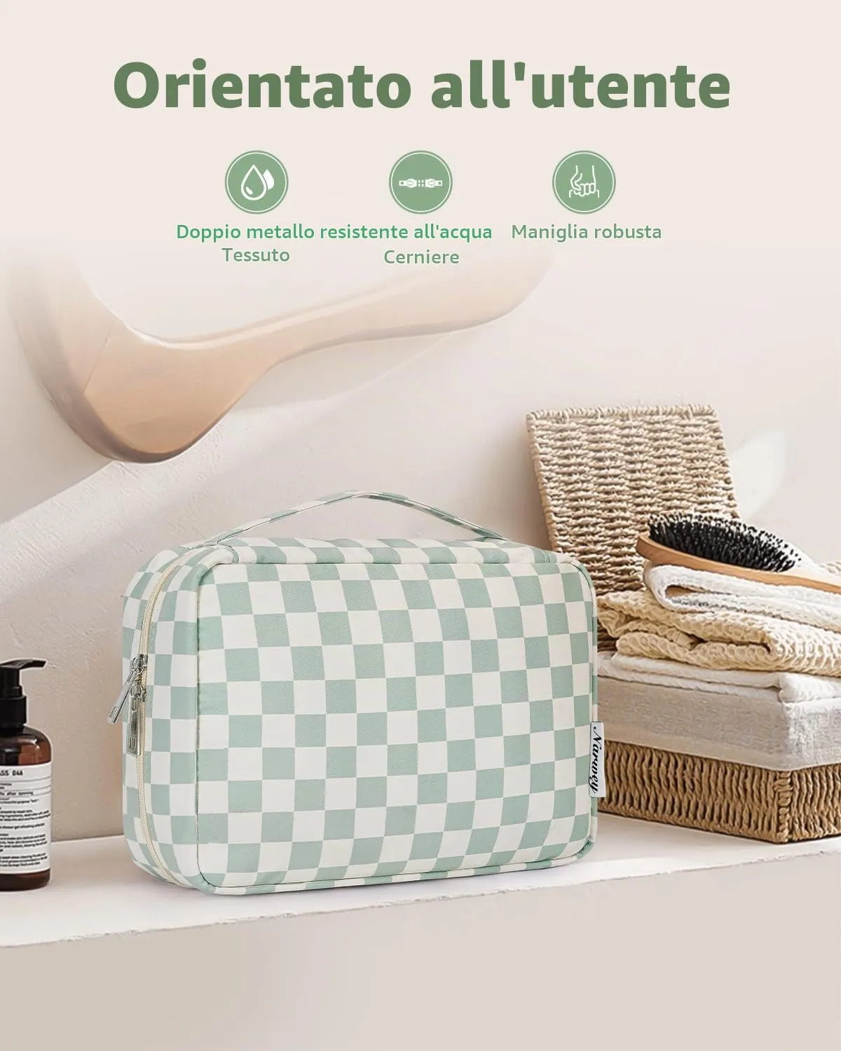 Narwey Beauty Case da Viaggio, Beauty Case da Appendere per Donna Uomo, Borsa da toilette Wash Bag da Travel Kit Viaggio, Trousse Pochette Trucchi Donna per Viaggio Accessori (Scacchiere Verde Menta) - immagine 6
