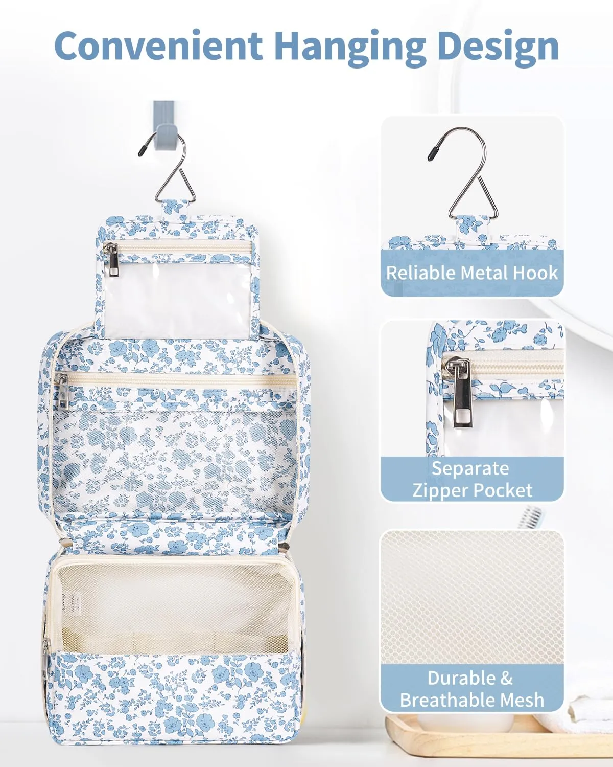 Narwey Beauty Case da Viaggio, Beauty Case da Appendere per Donna Uomo, Borsa da toilette Wash Bag da Travel Kit Viaggio, Trousse Pochette Trucchi Donna per Viaggio (Fiore Azzurro Piccolo) - immagine 2